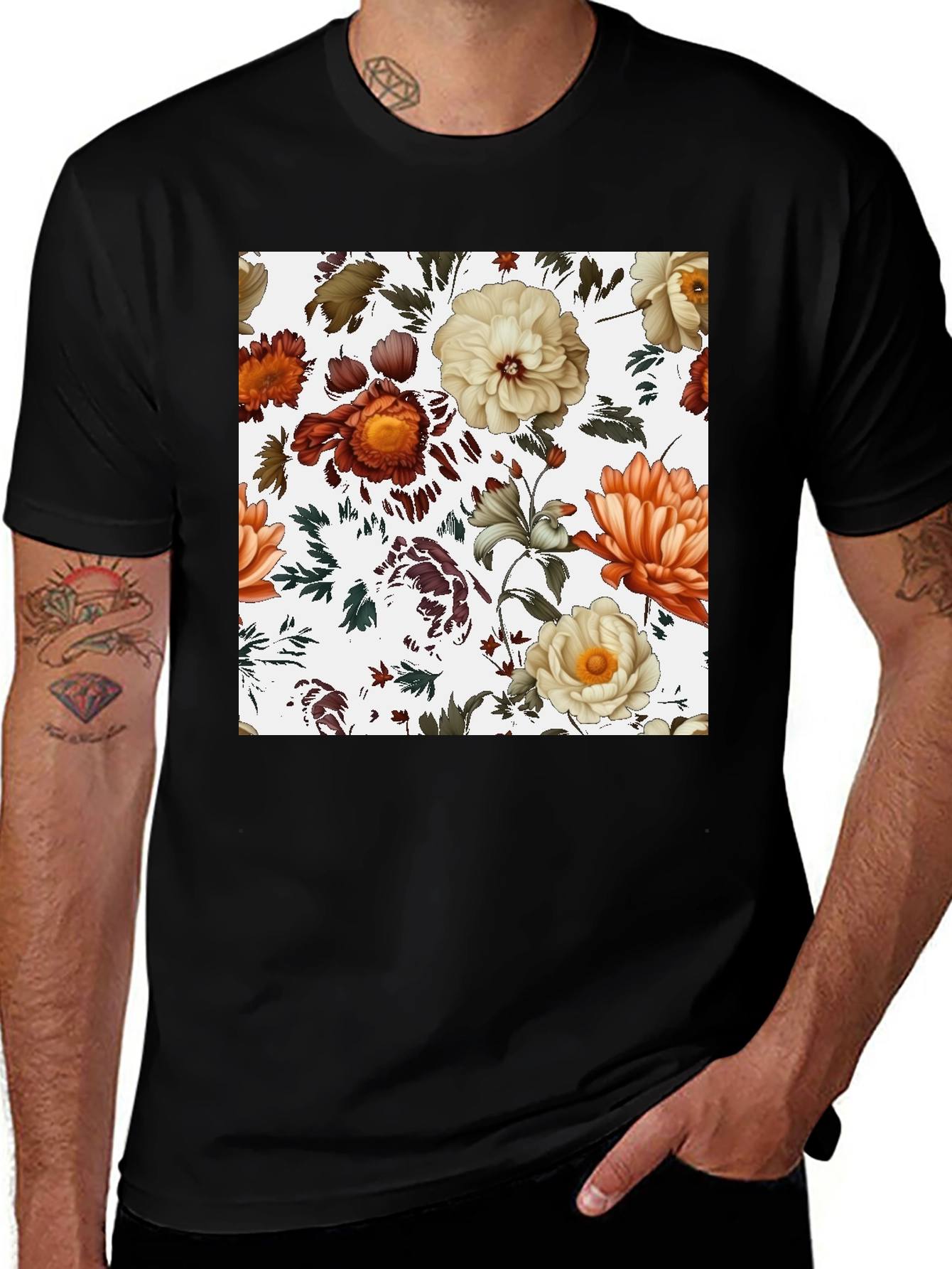 Variant 29 of Floral Print Black T-Shirt - Stylish Men's Casual Wear