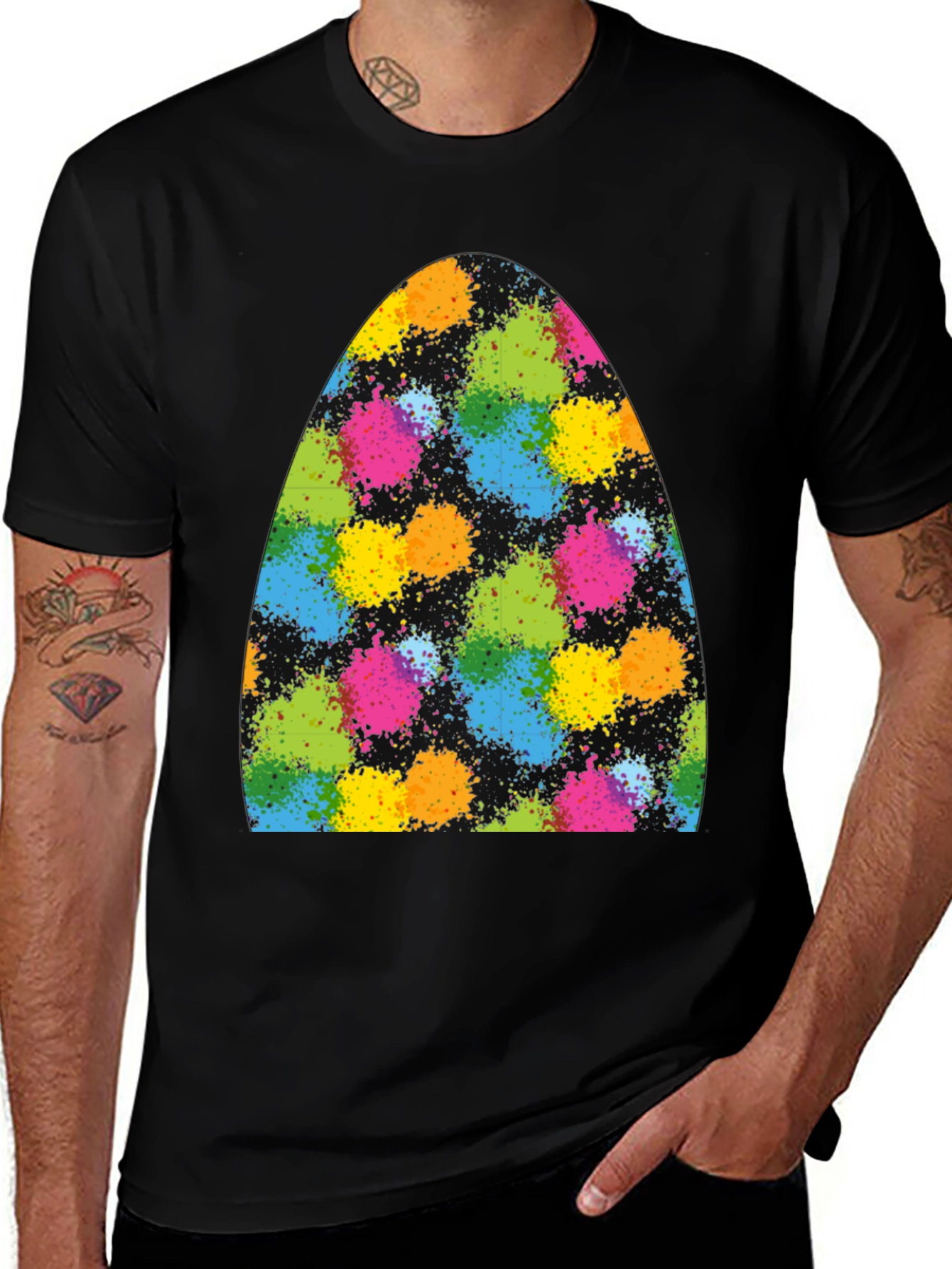 Variant 16 of Colorful Splatter Egg Graphic Tee - Black