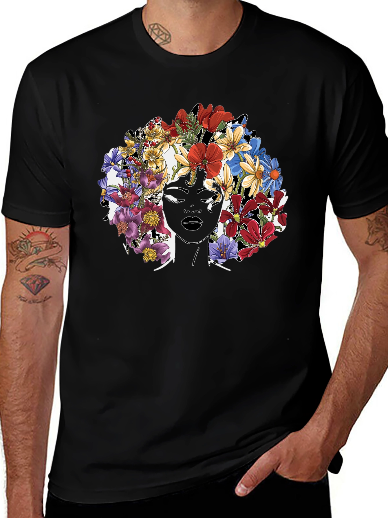 Variant 11 of Floral Afro Woman Graphic Tee - Black Cotton T-Shirt