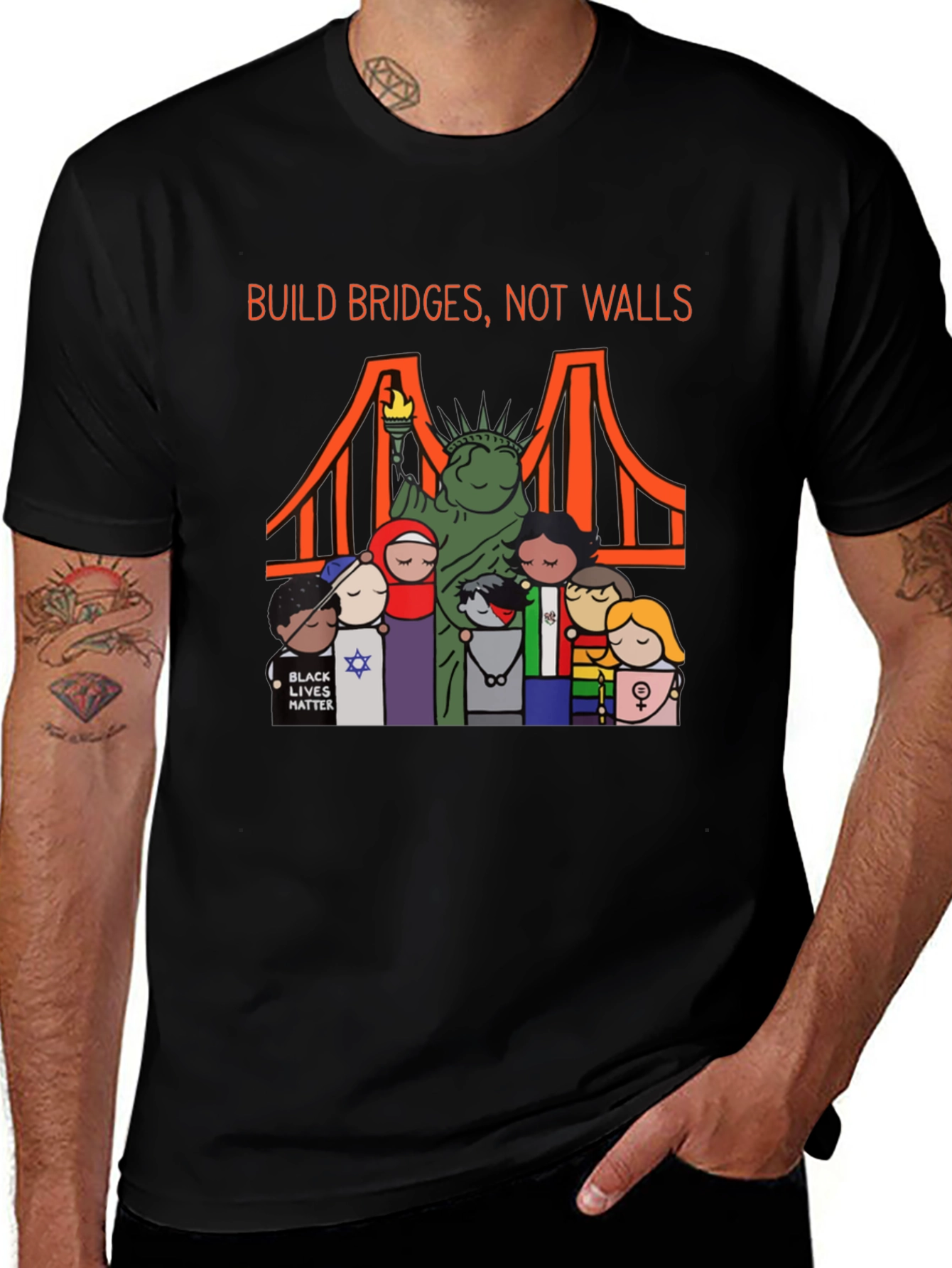 Black Build Bridges Not Walls Diversity Graphic Tee main image