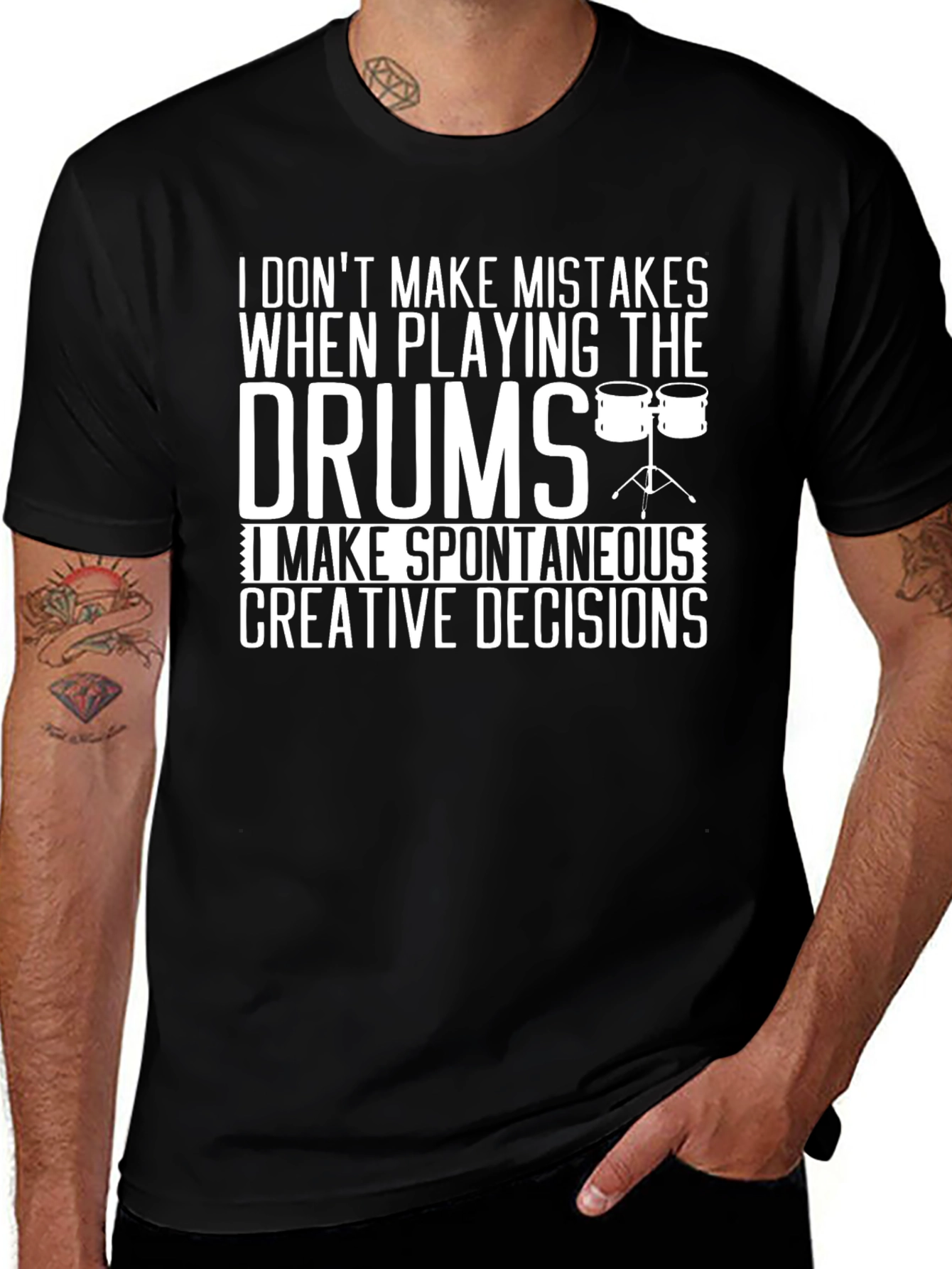 Variant 9 of Drummer Humor T-Shirt: No Mistakes, Just Decisions!