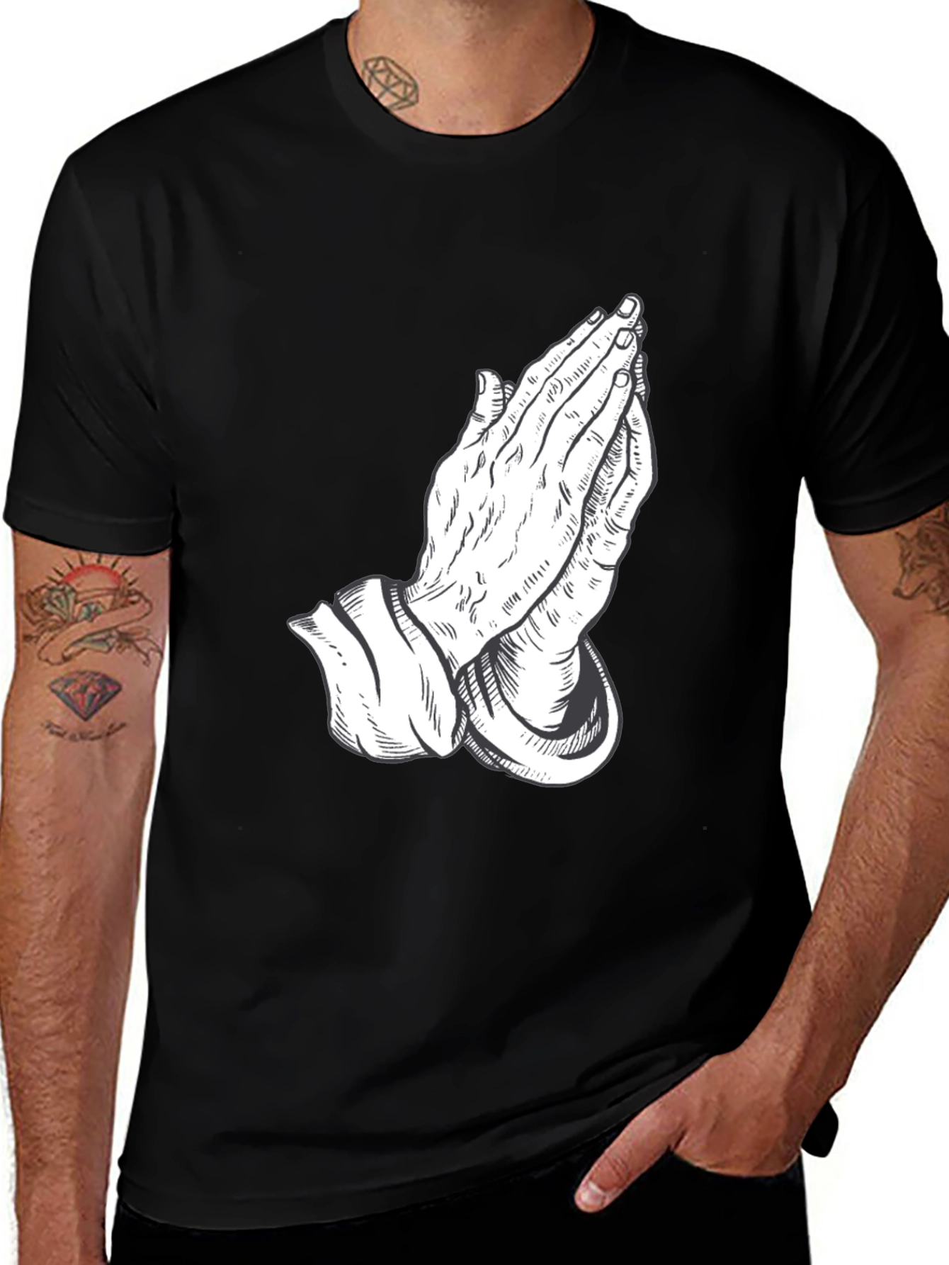 Variant 28 of Praying Hands Graphic Tee - Black Cotton Blend