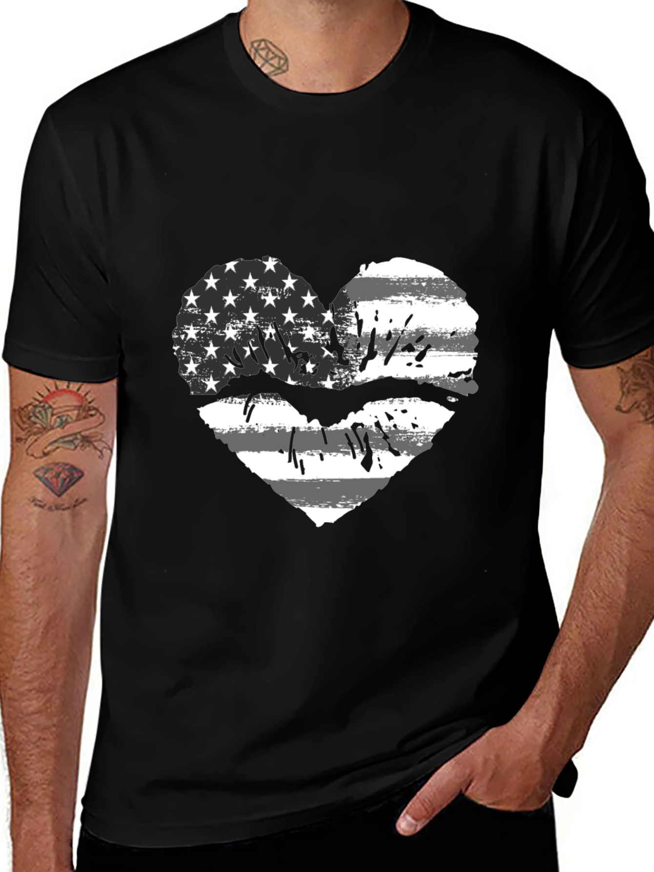 Black American Flag Heart Lips Black T-Shirt main image