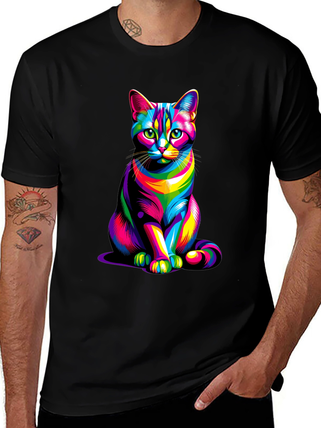 Variant 6 of Colorful Cat Graphic Tee - Black