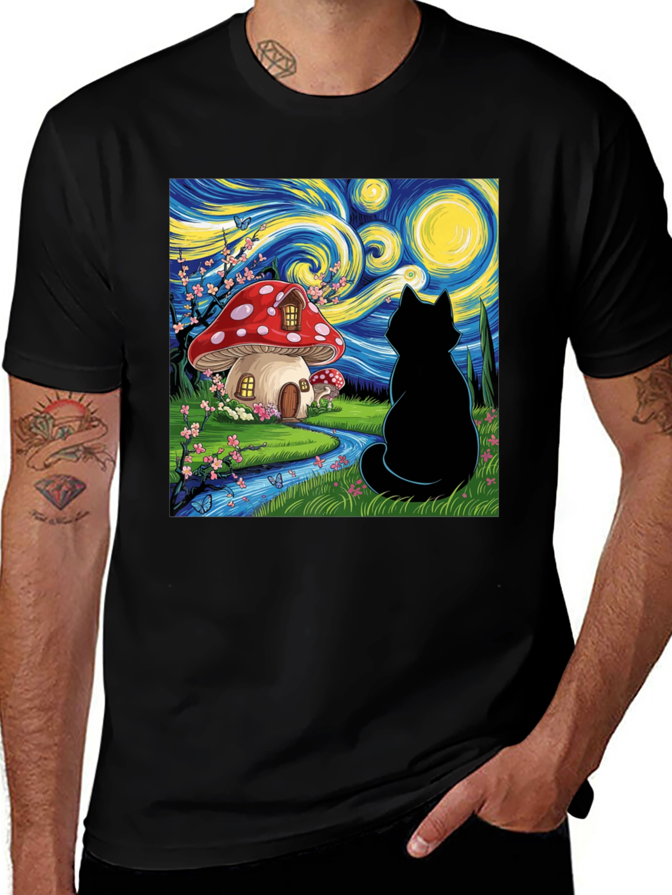 Variant 3 of Starry Night Cat Mushroom House T-Shirt