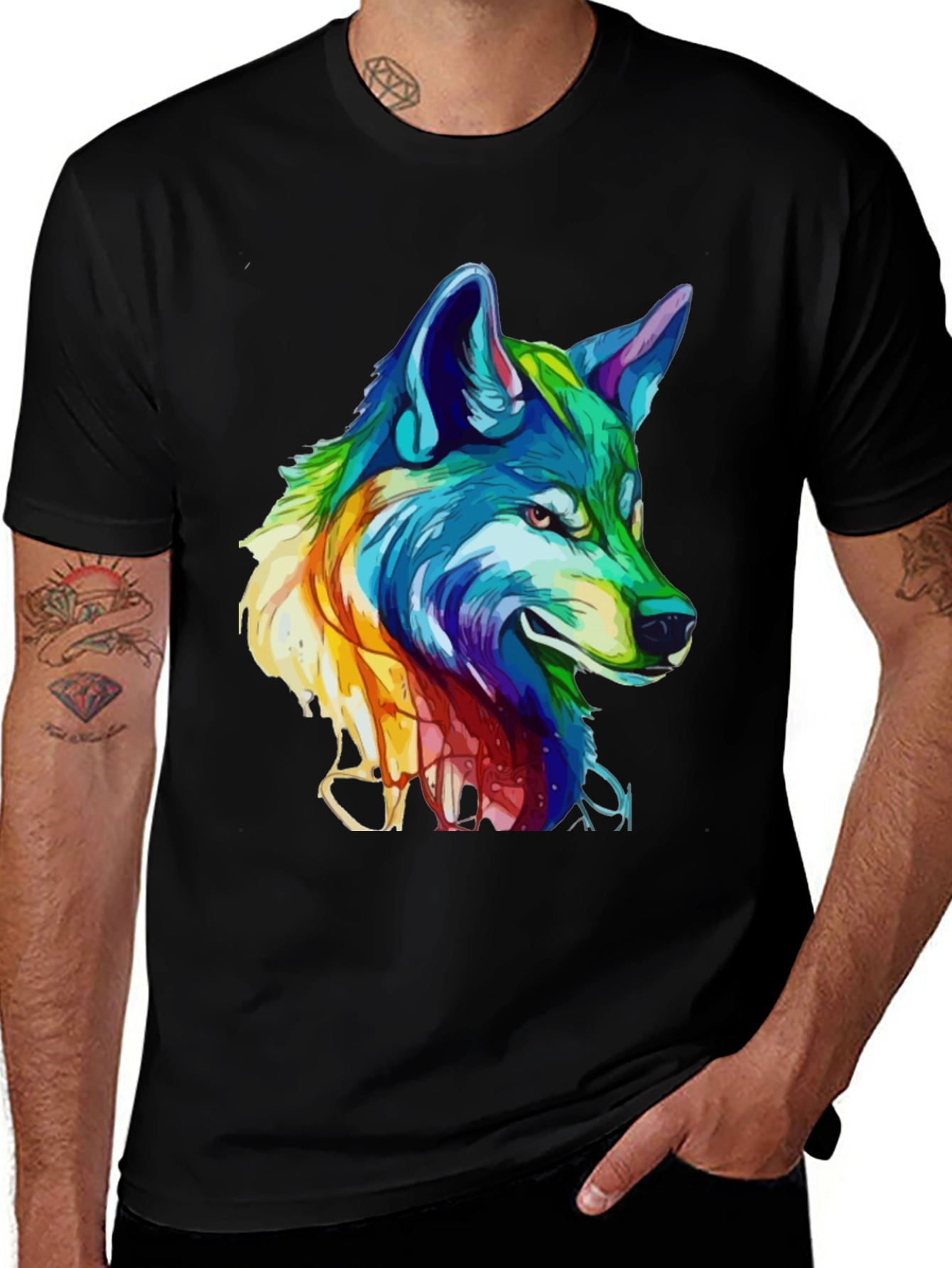 Variant 16 of Colorful Wolf Graphic Print Black T-Shirt