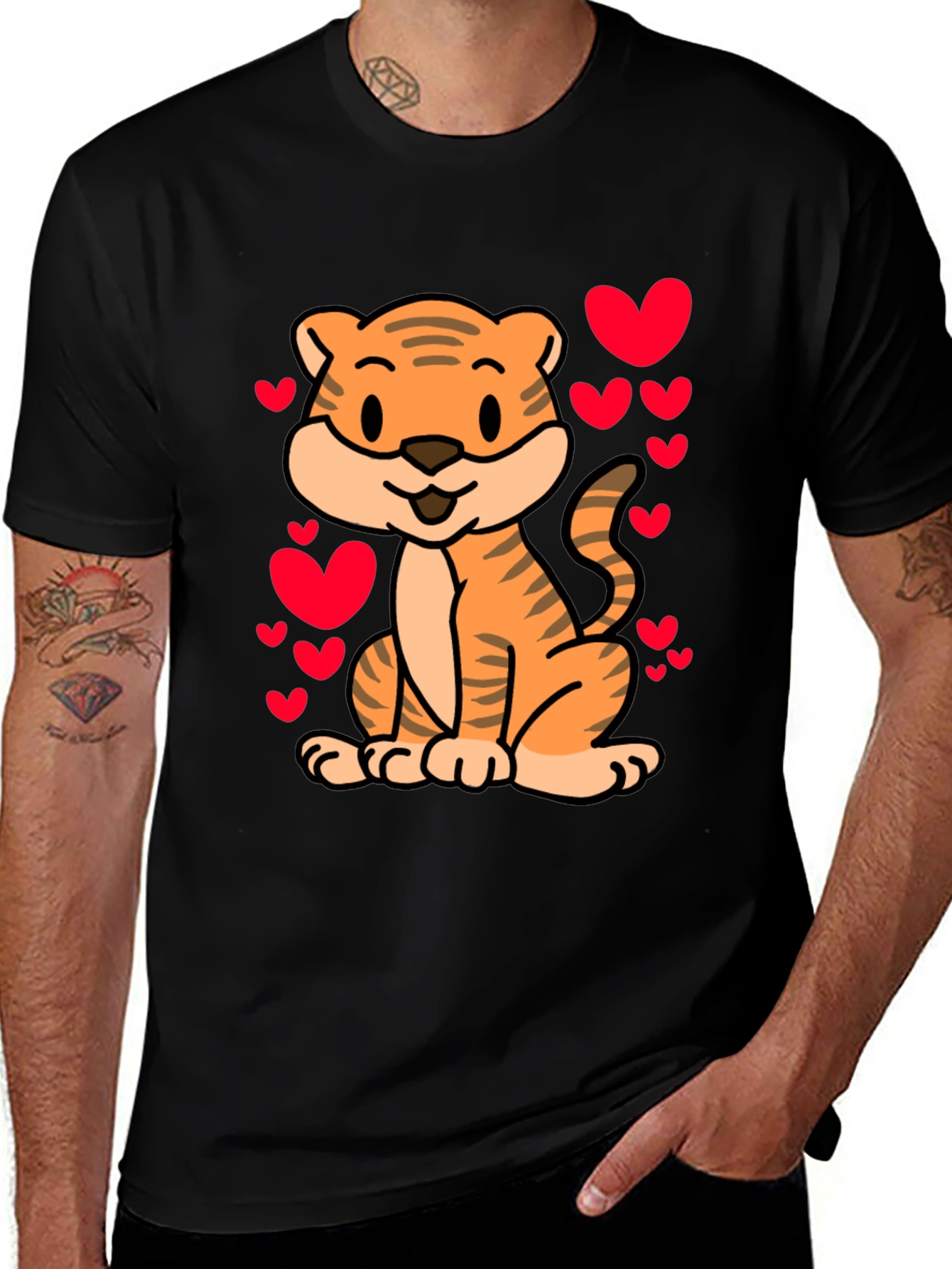 Variant 7 of Cute Cartoon Tiger with Hearts Black T-Shirt