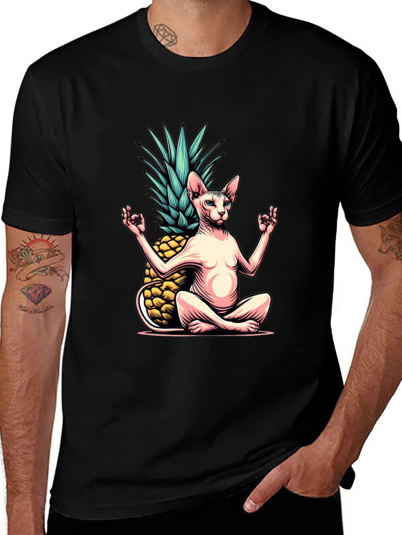 Variant 8 of Zen Cat Pineapple T-Shirt - Meditating Sphynx Tee