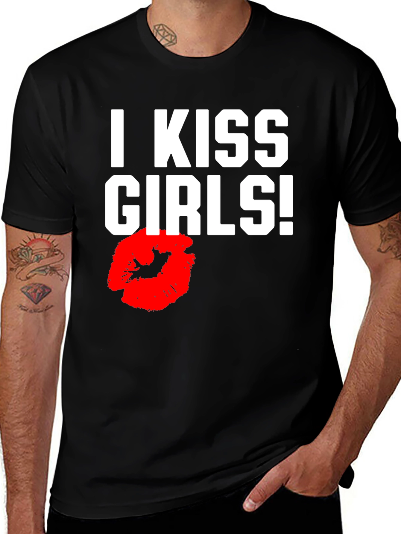 Variant 26 of I Kiss Girls T-Shirt Black Cotton Kiss Lips Graphic Tee