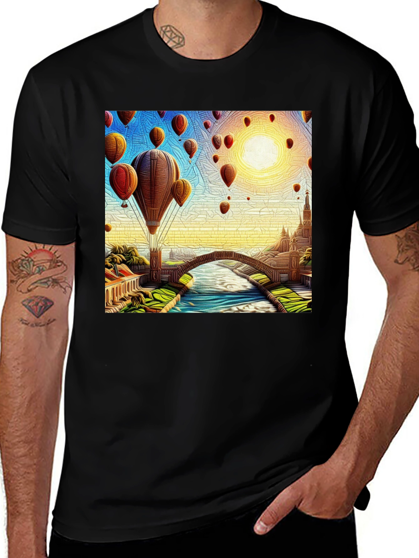 Black Hot Air Balloon Landscape Graphic Tee main image