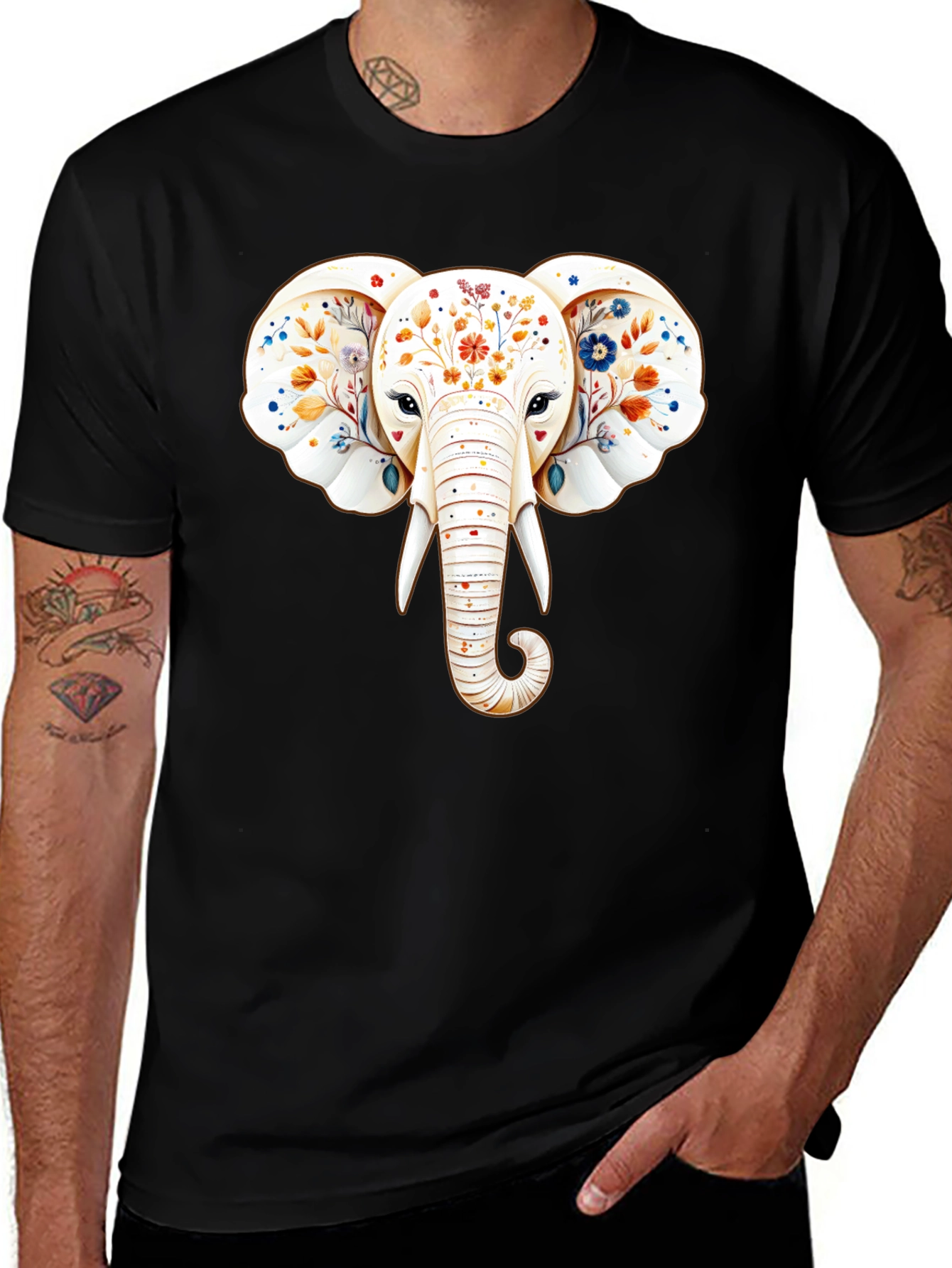 Variant 22 of Floral Elephant Graphic Black T-Shirt