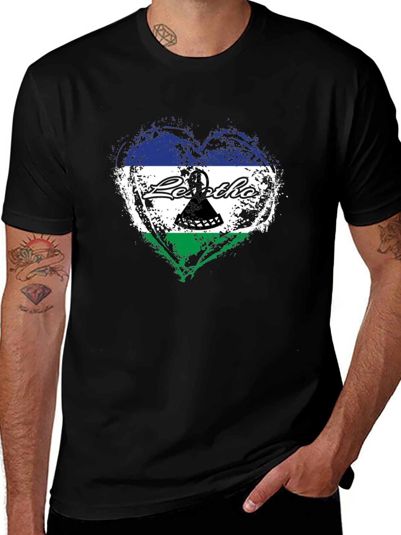 Variant 6 of Lesotho Flag Heart T-Shirt - Black Crew Neck Tee