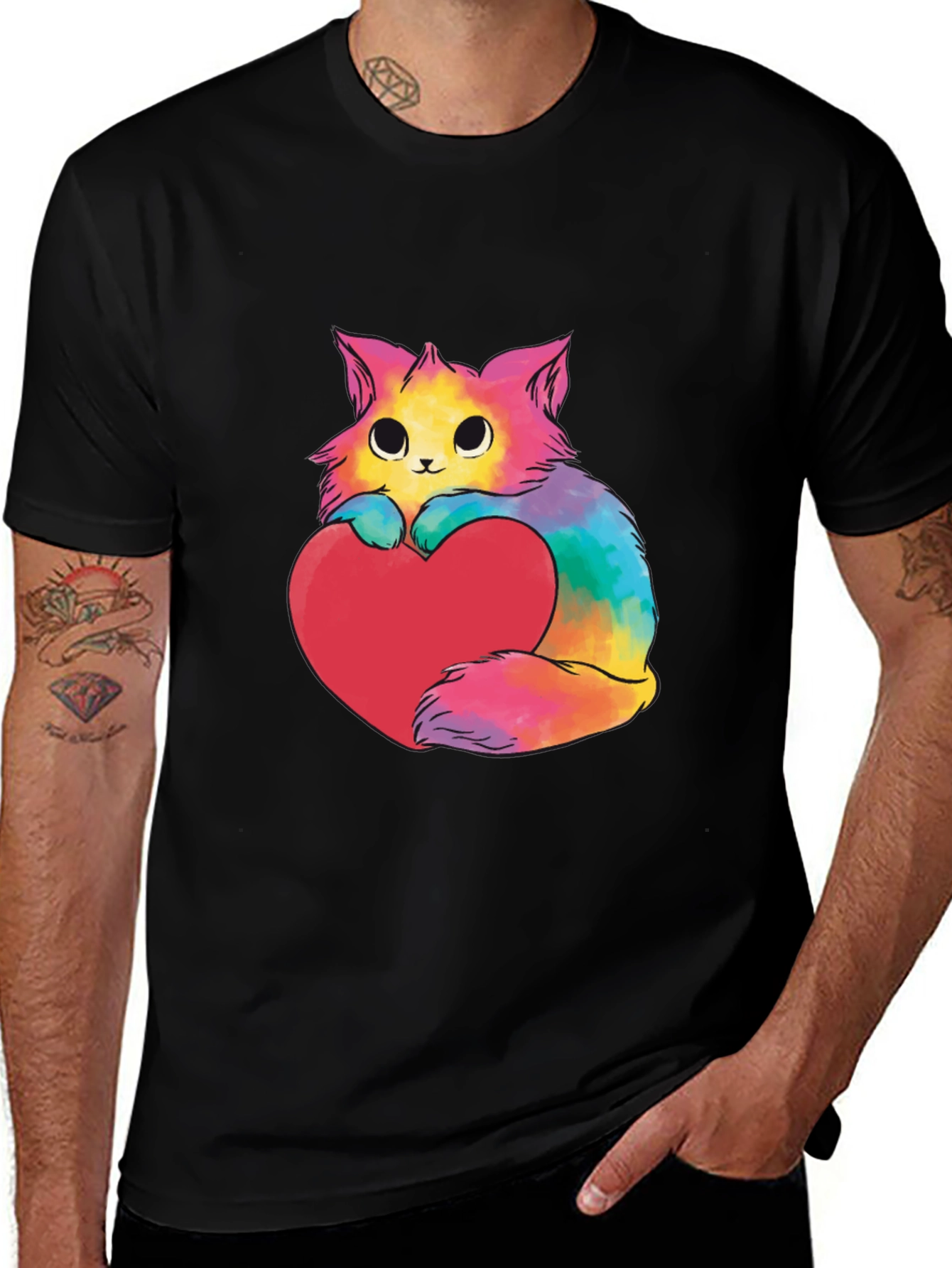 Black Rainbow Cat Heart Graphic Tee - Unisex main image