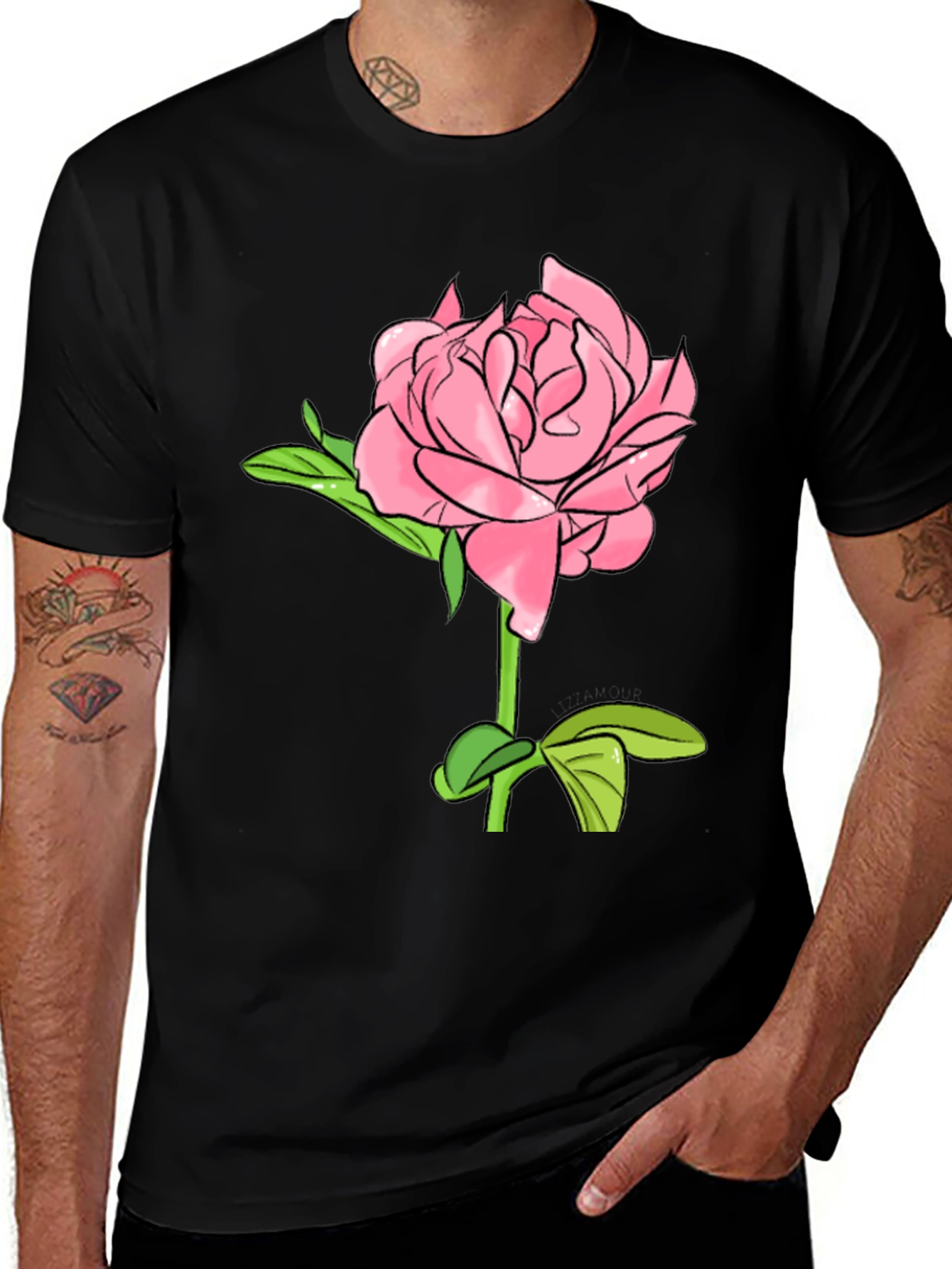 Variant 2 of Pink Rose Graphic Black T-Shirt