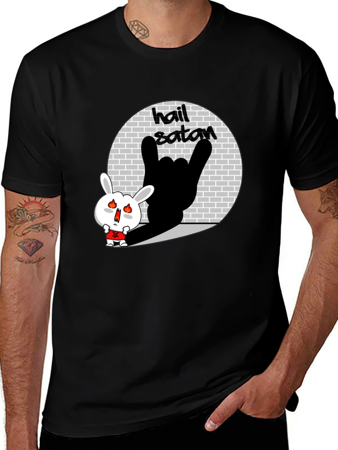 Variant 3 of Hail Satan Bunny Graphic T-Shirt - Black