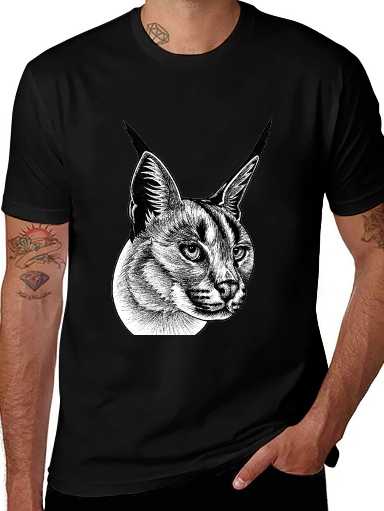 Caracal Cat Graphic Tee - Soft Black Cotton Blend Shirt