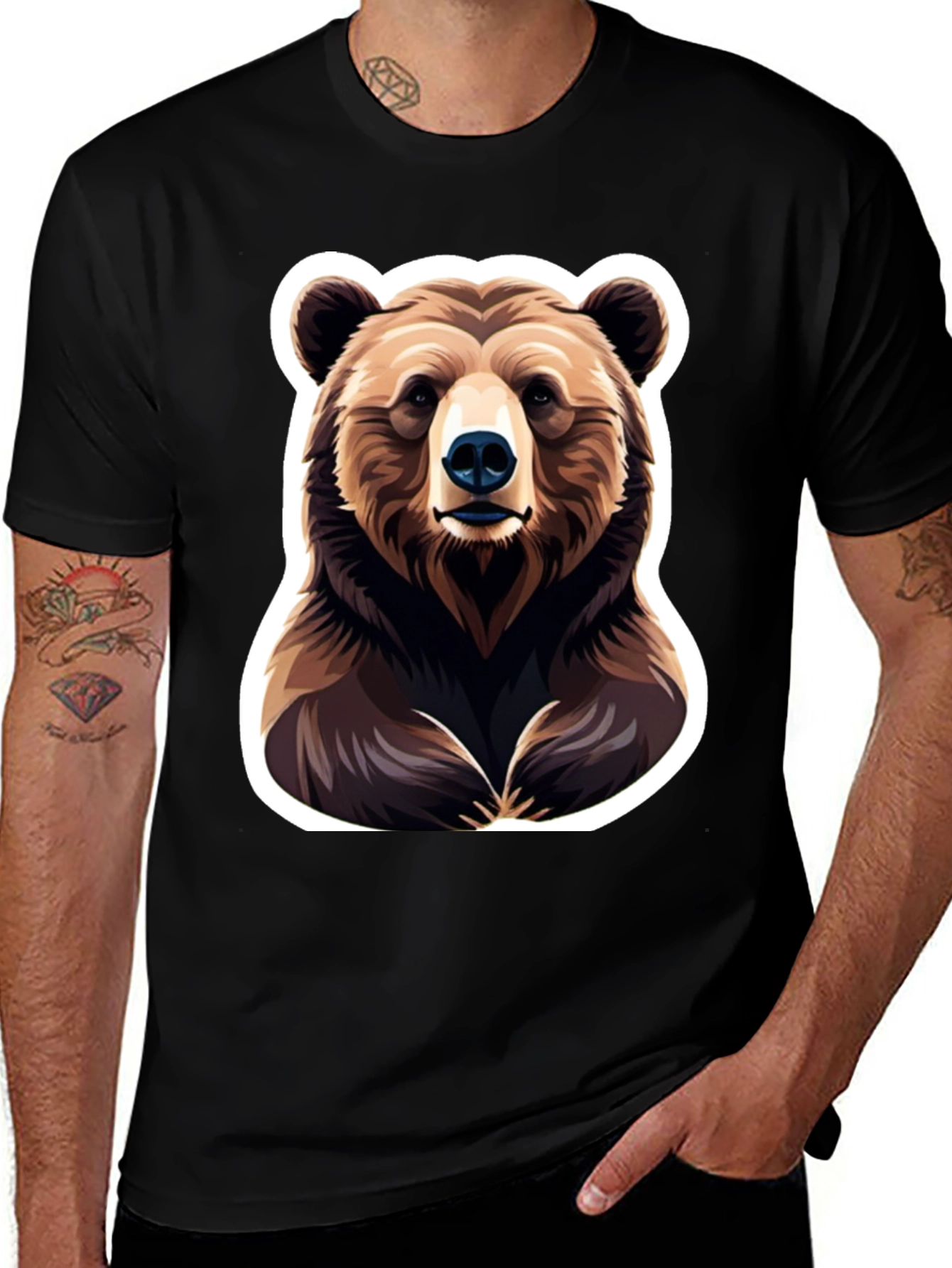 Variant 12 of Bear Graphic T-Shirt - Men's Black Crew Neck Tee