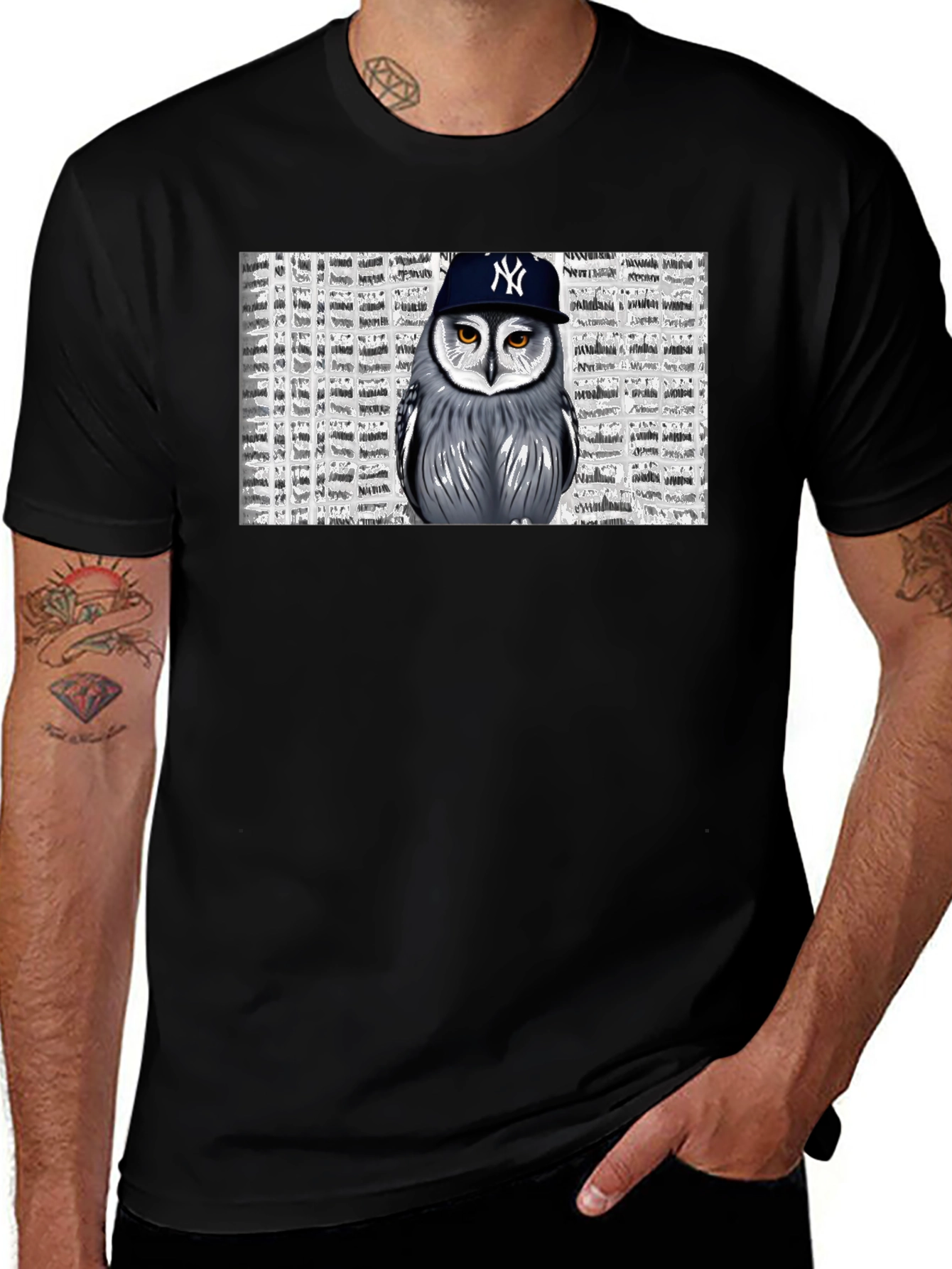 Variant 28 of Owl in NY Cap Black T-Shirt