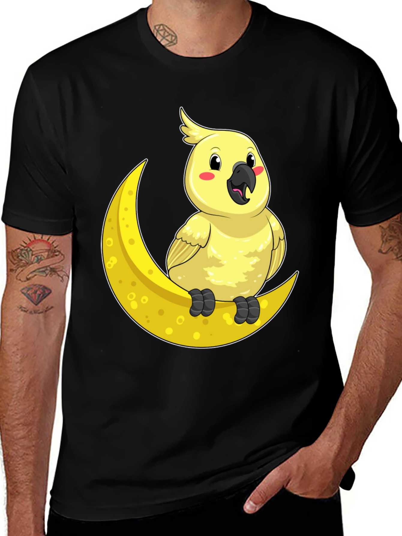 Variant 4 of Cute Cockatiel On Moon T-Shirt - Soft Cotton, Unique Design