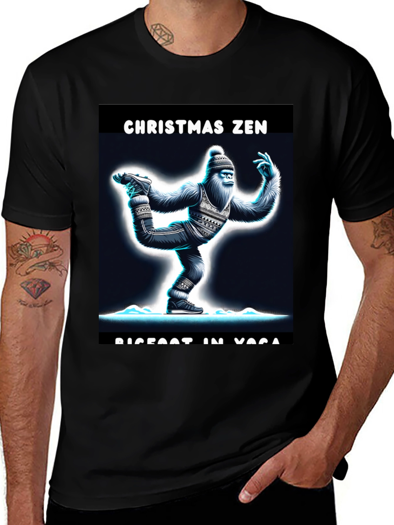 Christmas Zen Bigfoot in Yoga T-Shirt