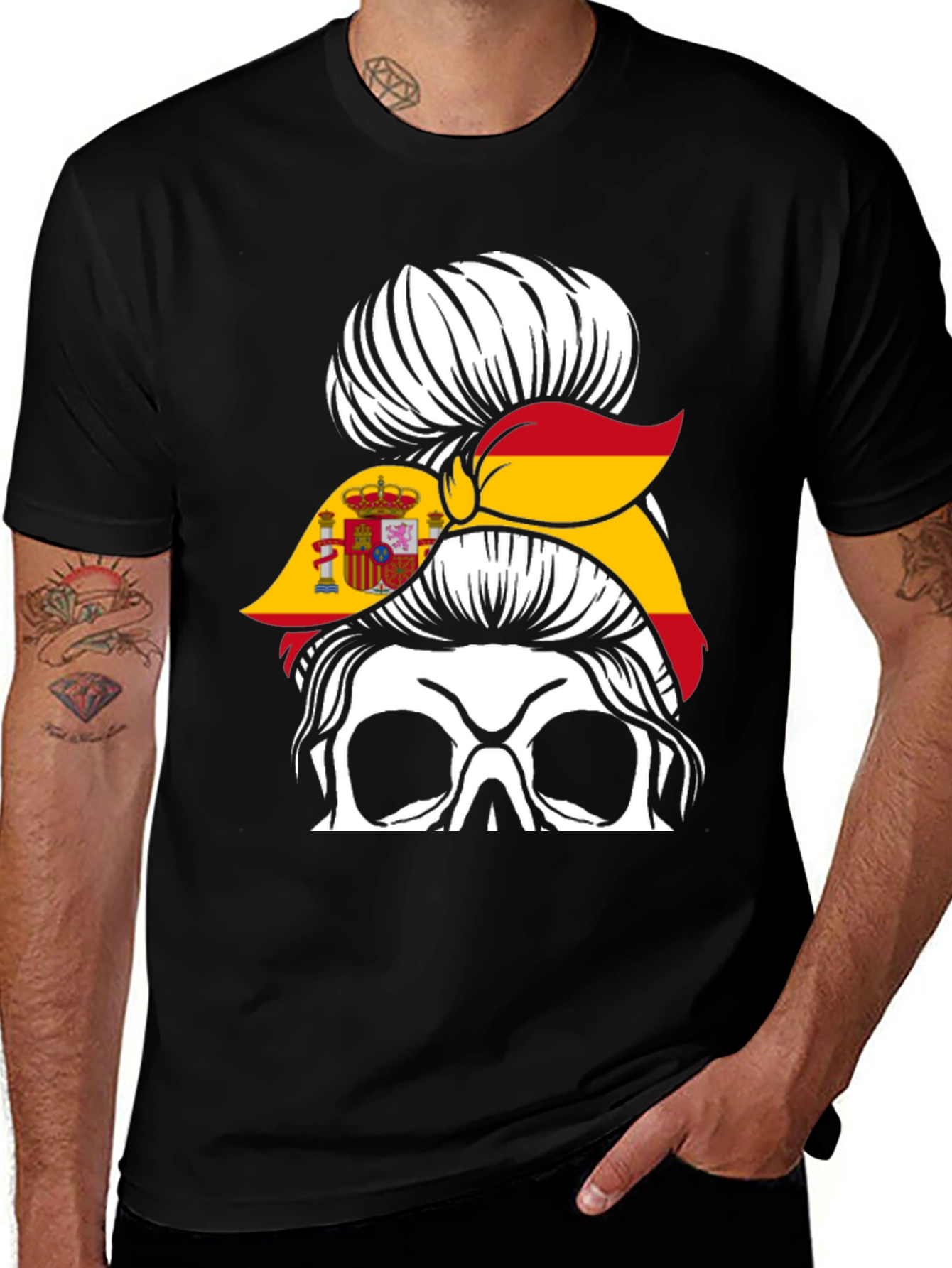 Variant 23 of Spain Flag Skull Messy Bun T-Shirt