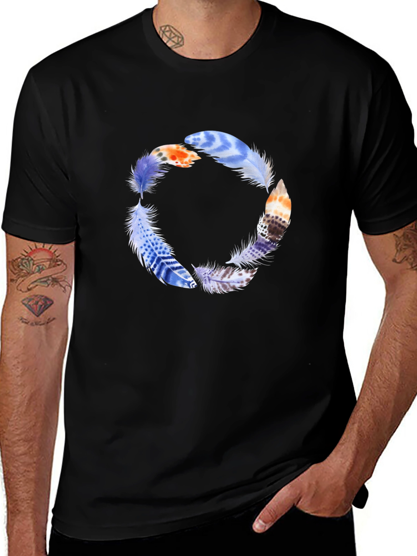 Variant 13 of Feather Circle Graphic Tee - Casual Black T-Shirt