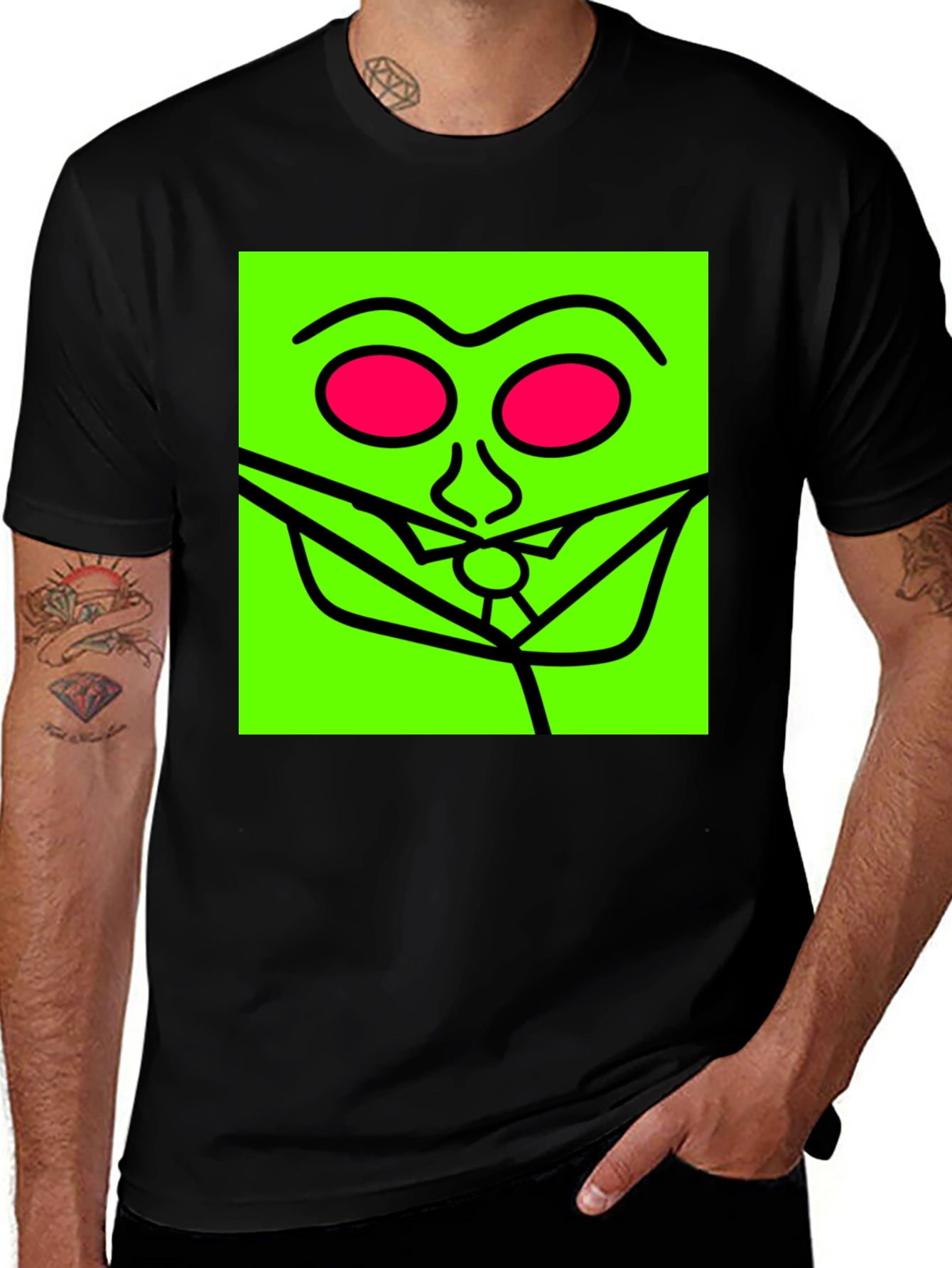 Variant 19 of Unique Graphic Tee: Green Face with Red Eyes