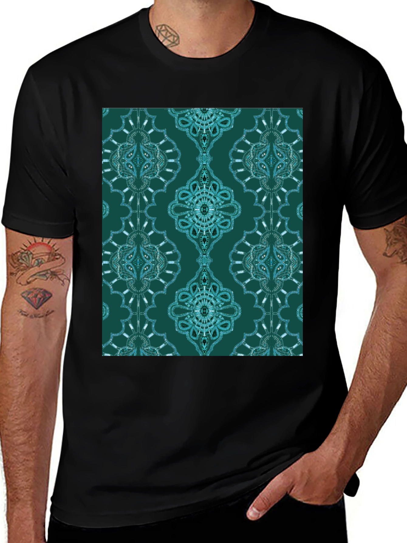 Black Stylish Patterned Teal T-Shirt main image