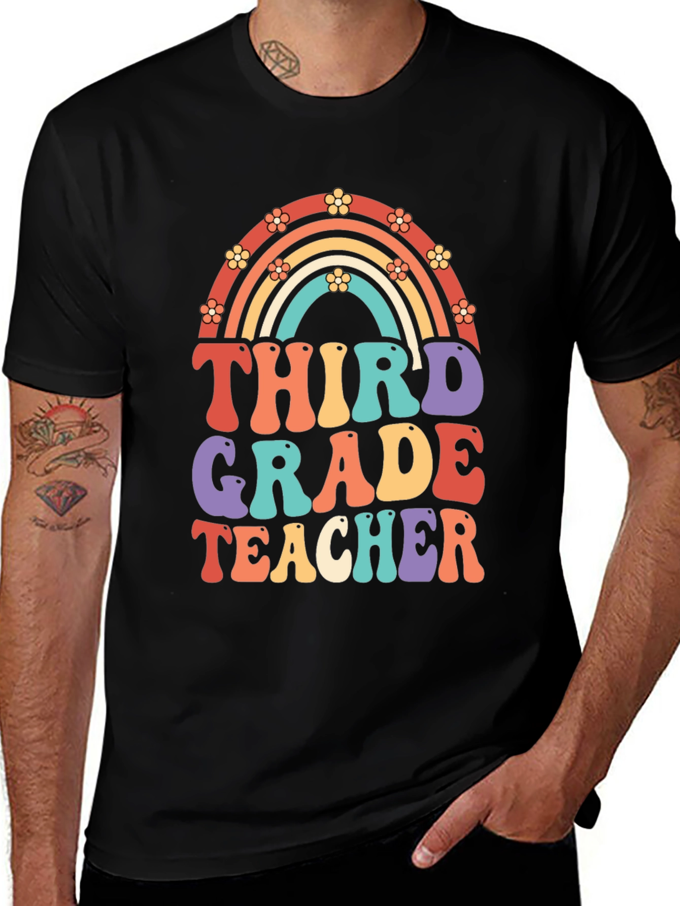 Variant 23 of Third Grade Teacher Retro Rainbow Graphic Tee