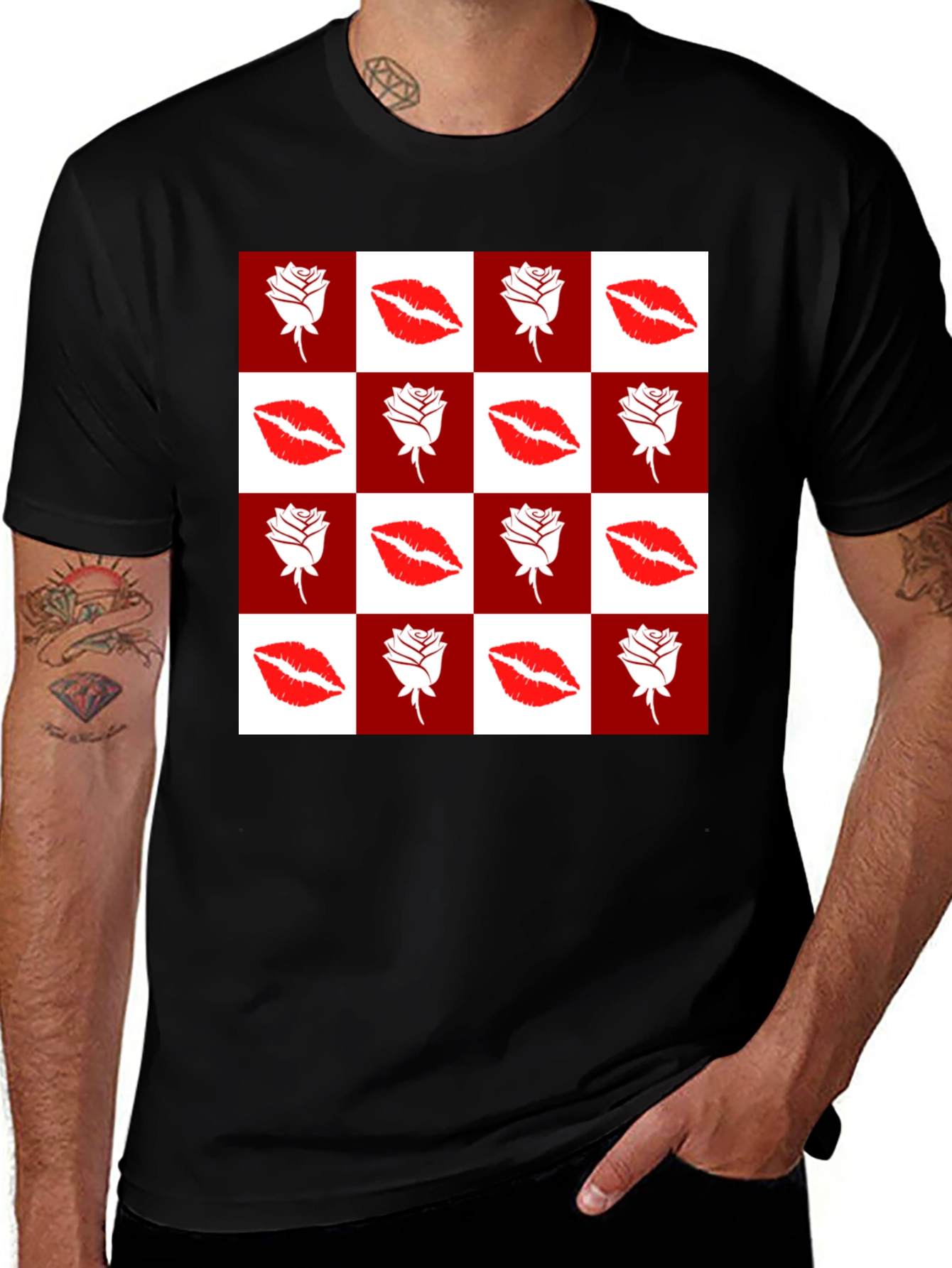 Variant 20 of Rose & Lips Pattern T-Shirt - Stylish Graphic Tee