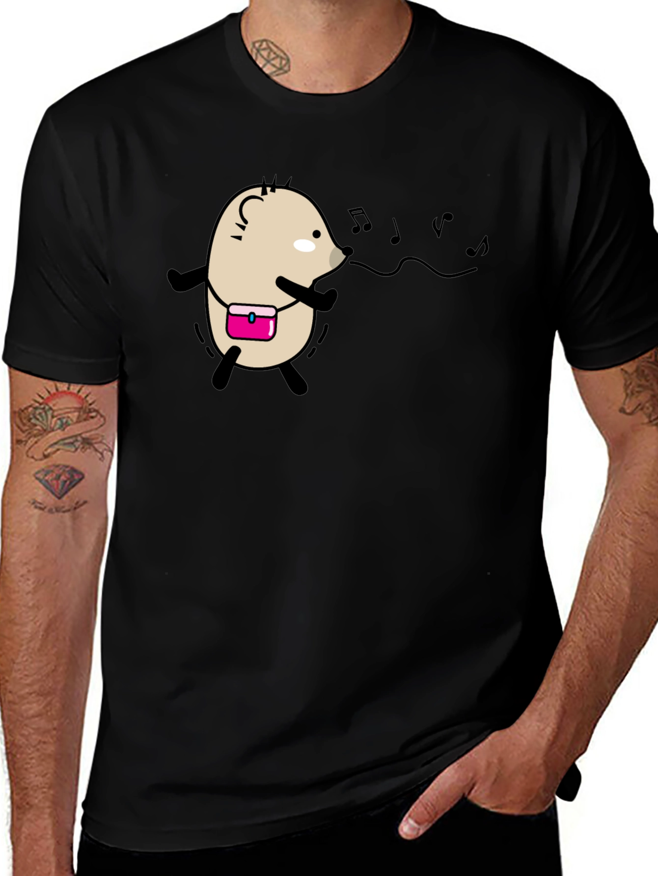 Whimsical Singing Hedgehog Black T-Shirt