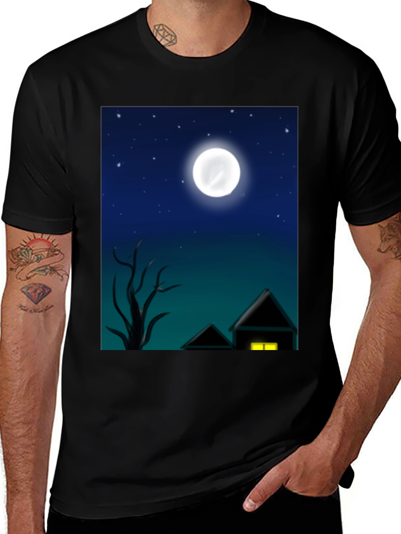 Variant 29 of Night Scene Graphic Tee - Black Cotton Blend