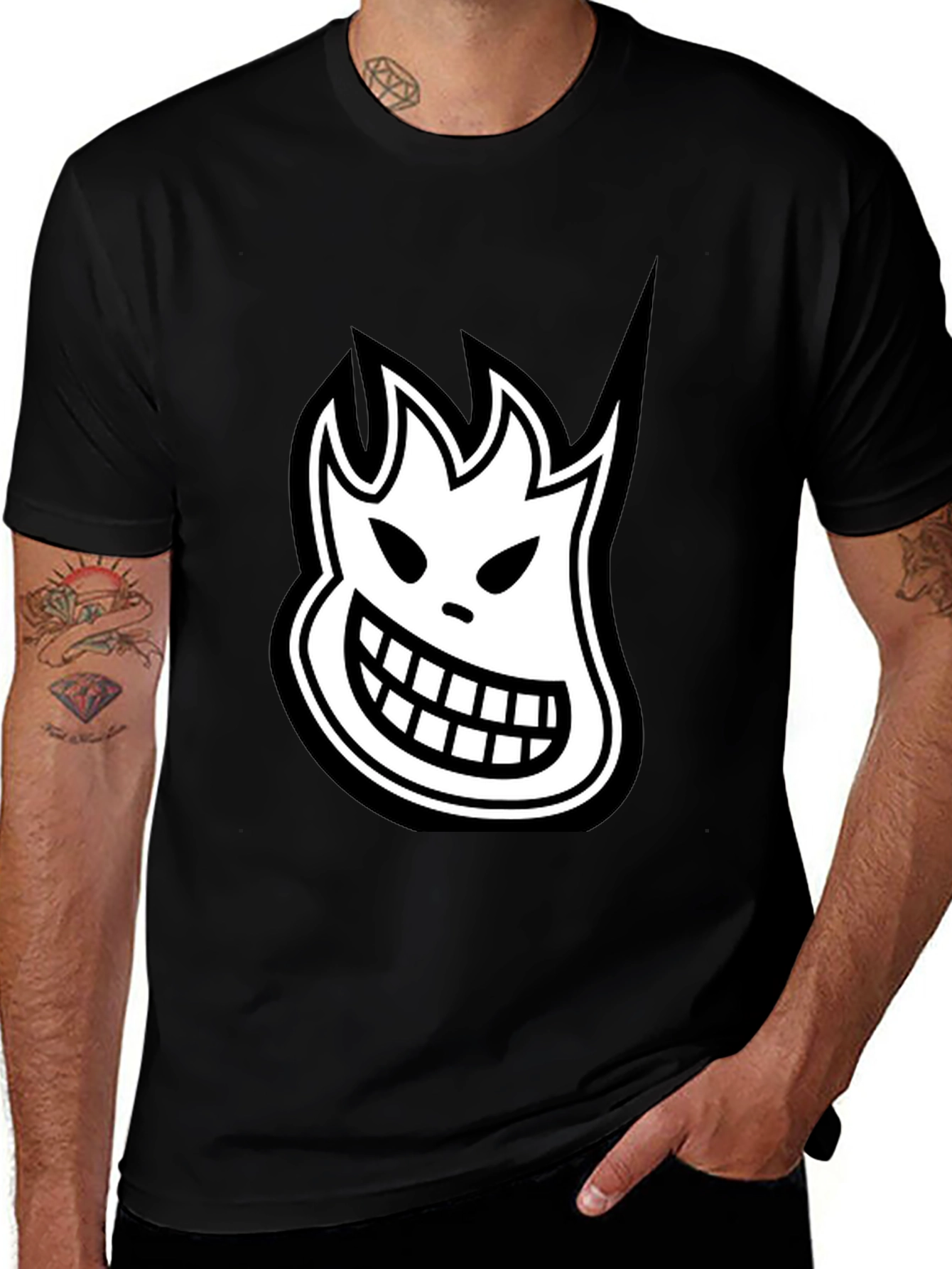 Variant 28 of Black T-Shirt with White Cartoon Flame Face Graphic