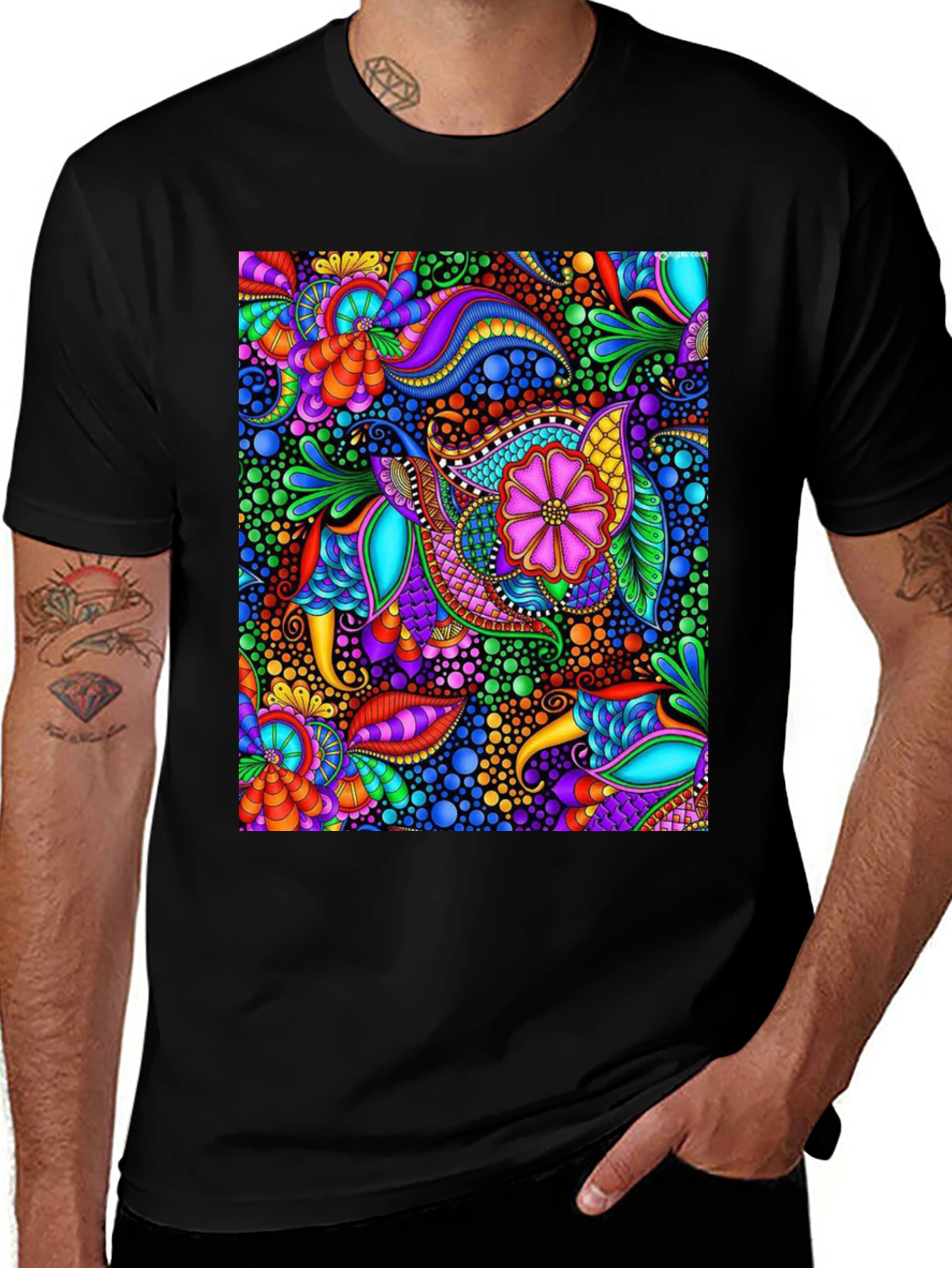 Colorful Psychedelic Paisley Print Black T-Shirt