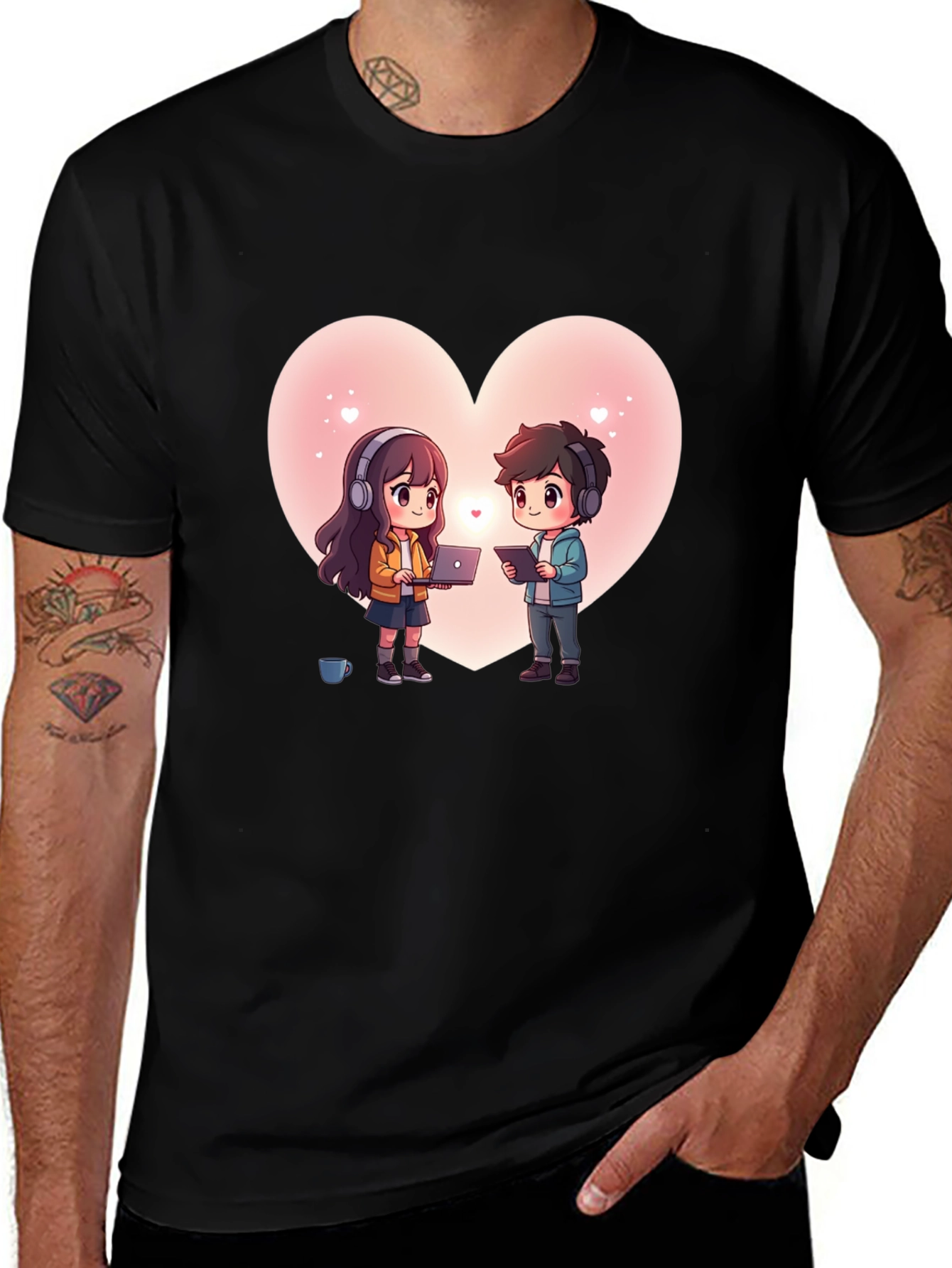 Cartoon Couple Heart Graphic Tee - Black