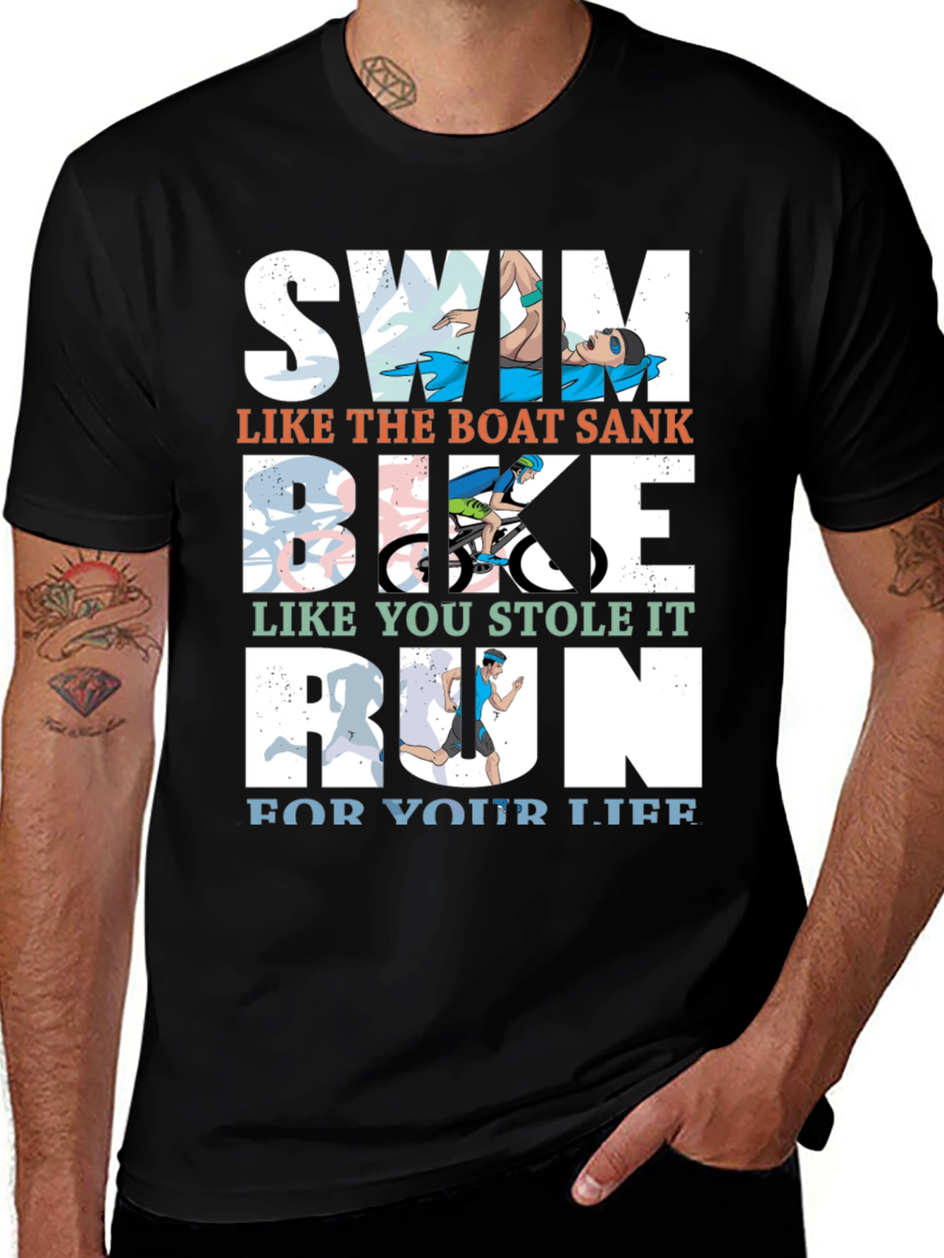 Variant 8 of Triathlon Humor Tee: Swim, Bike, Run for Your Life T-Shirt