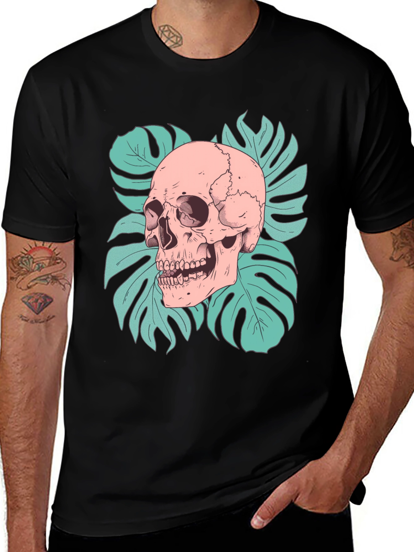 Variant 23 of Skull & Monstera Leaf Graphic Tee - Black