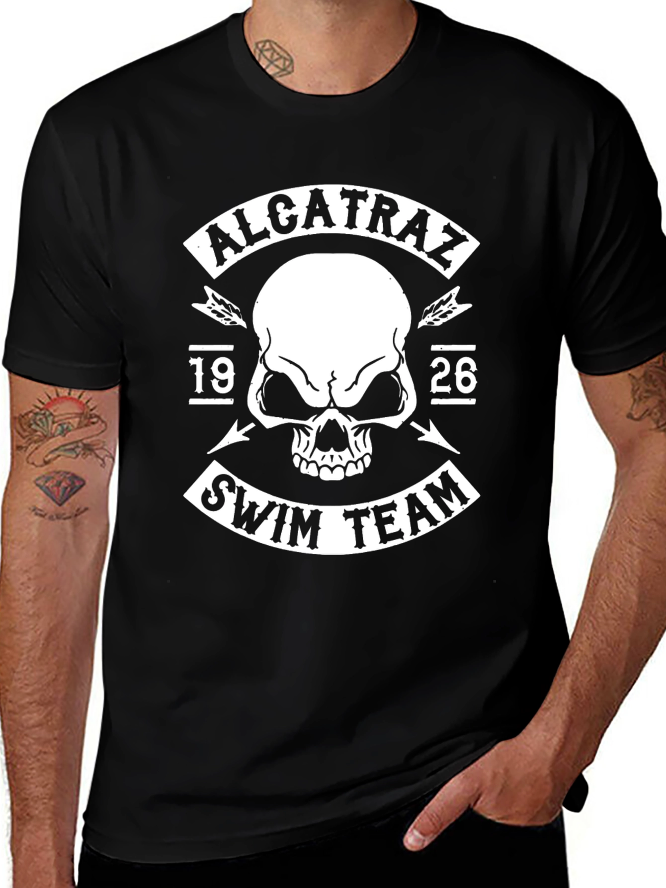 Variant 2 of Alcatraz Swim Team Black T-Shirt - Skull Graphic