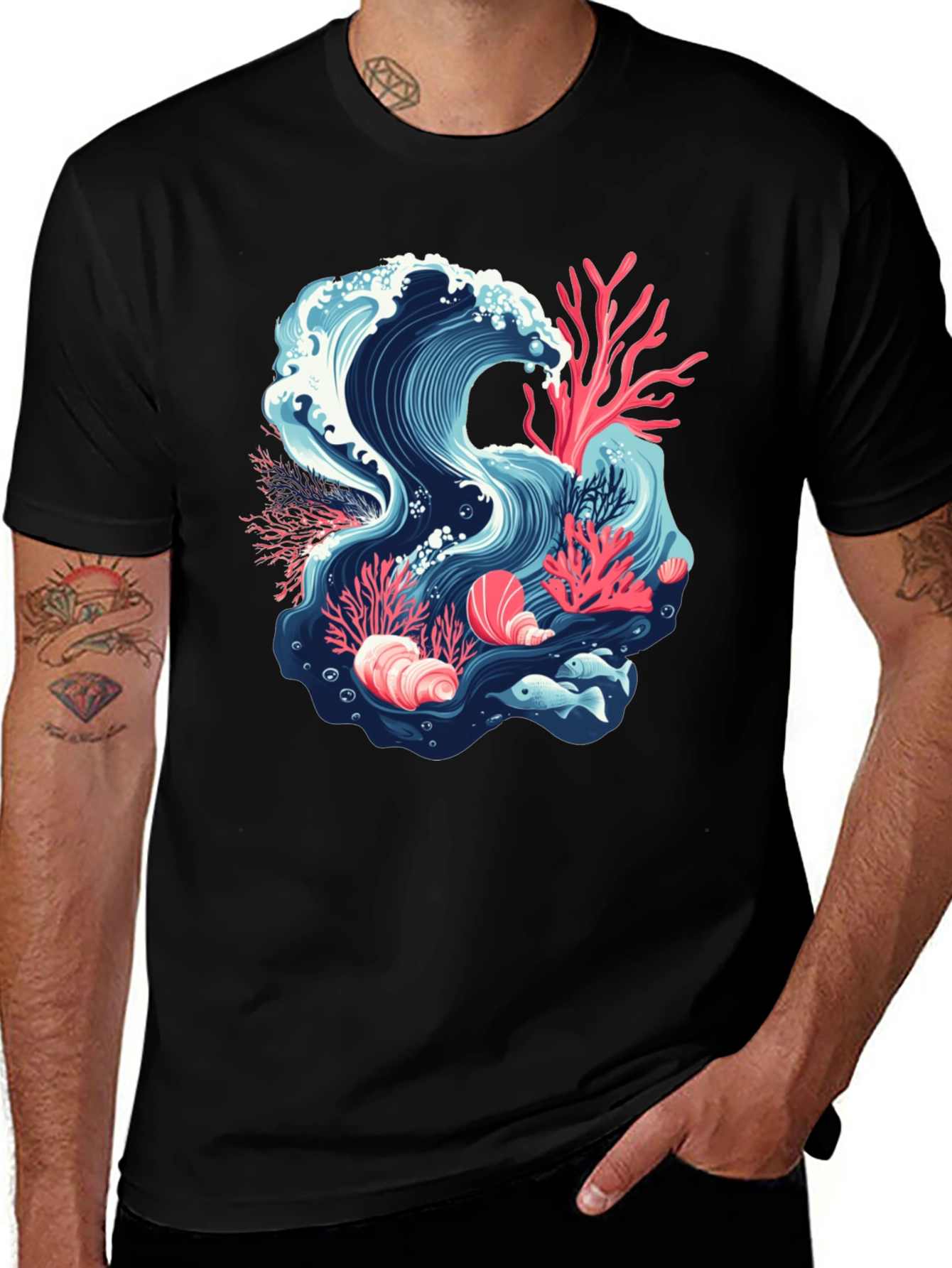 Variant 13 of Ocean Wave Coral Reef Graphic Tee - Black