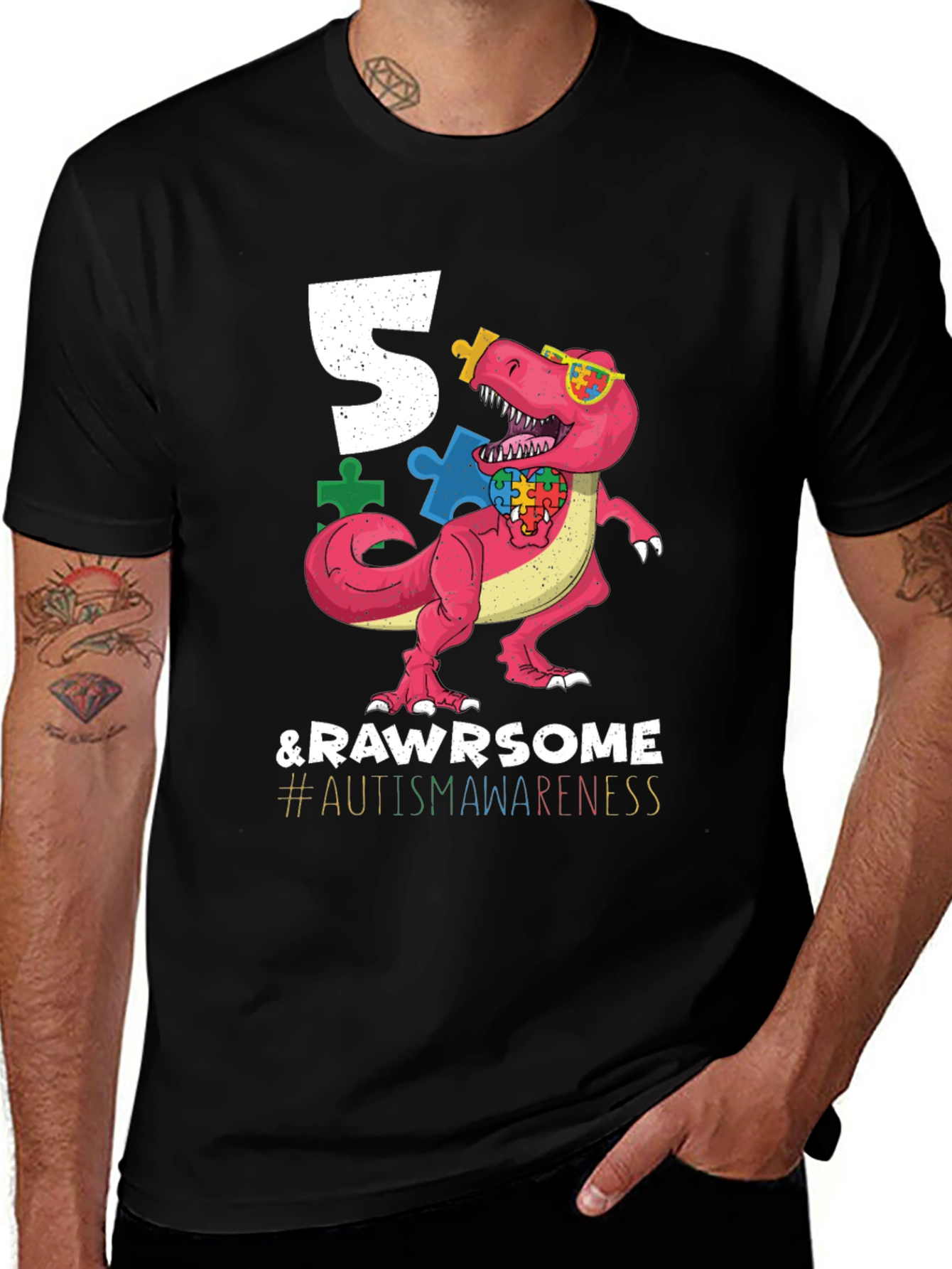 5 & RAWR Some Autism Awareness Dinosaur T-Shirt