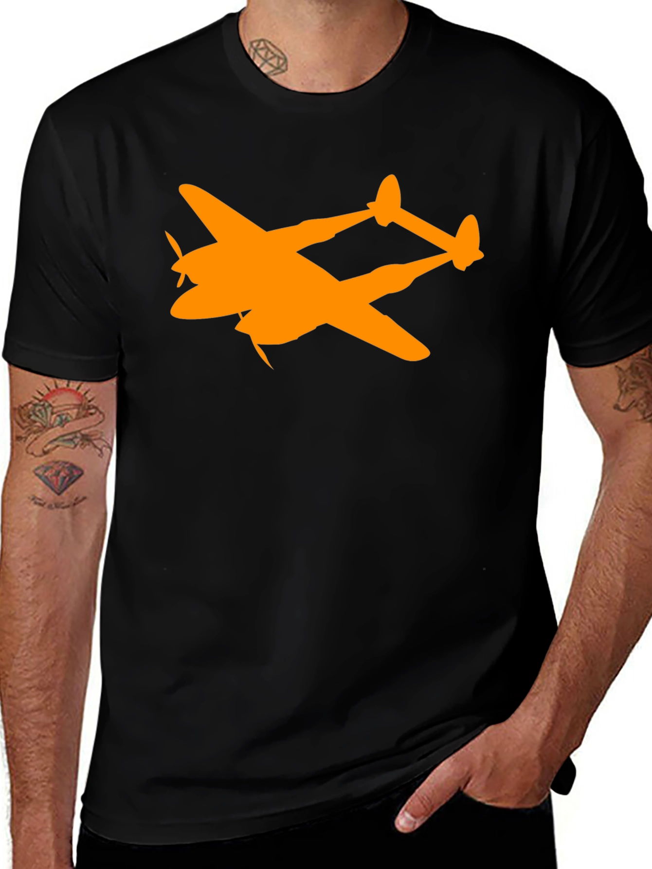 Variant 13 of Orange P-38 Lightning Airplane Graphic T-Shirt