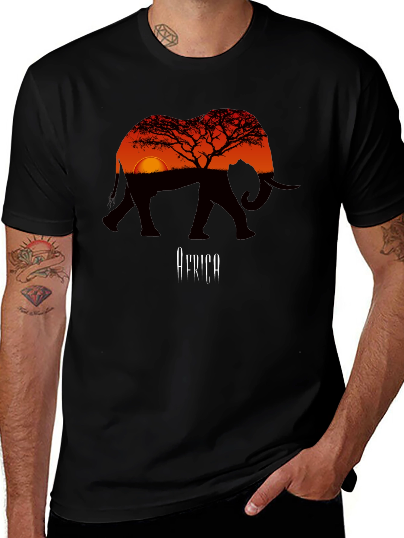 African Sunset Elephant Graphic Tee - Men's Black T-Shirt