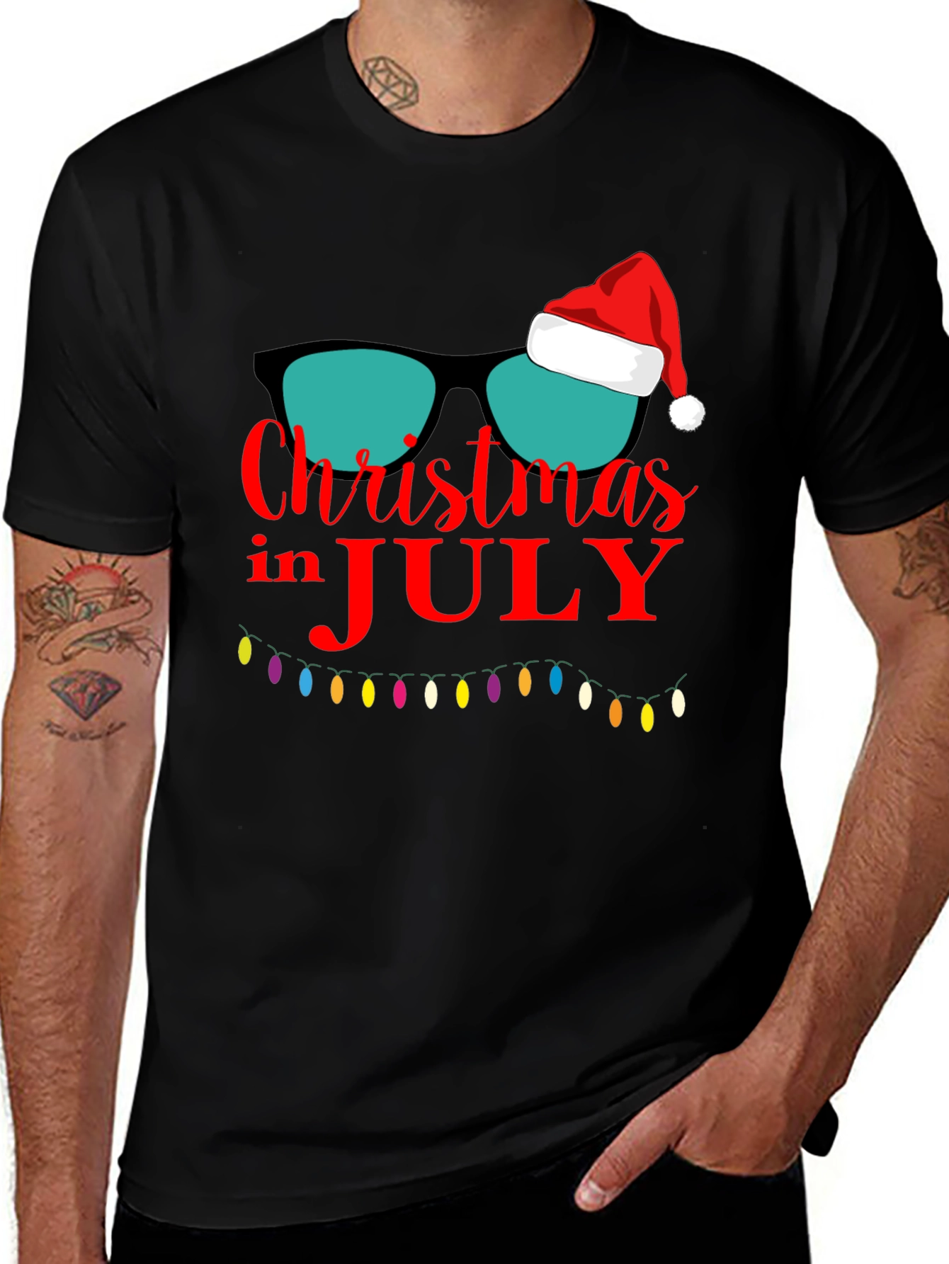 Christmas in July T-Shirt Santa Sunglasses Xmas Lights Tee