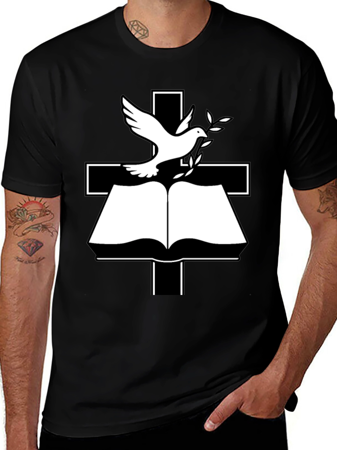 Variant 30 of Dove, Cross & Open Book Graphic Black Tee