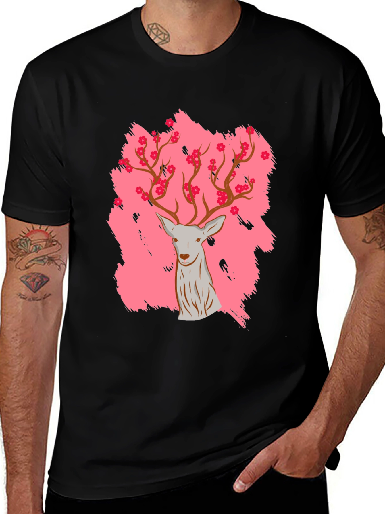 Variant 2 of Deer with Floral Antlers Graphic Black T-Shirt