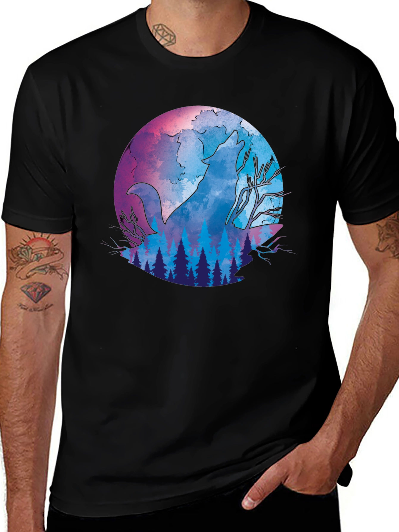 Variant 18 of Watercolor Wolf Moon Forest Graphic Tee