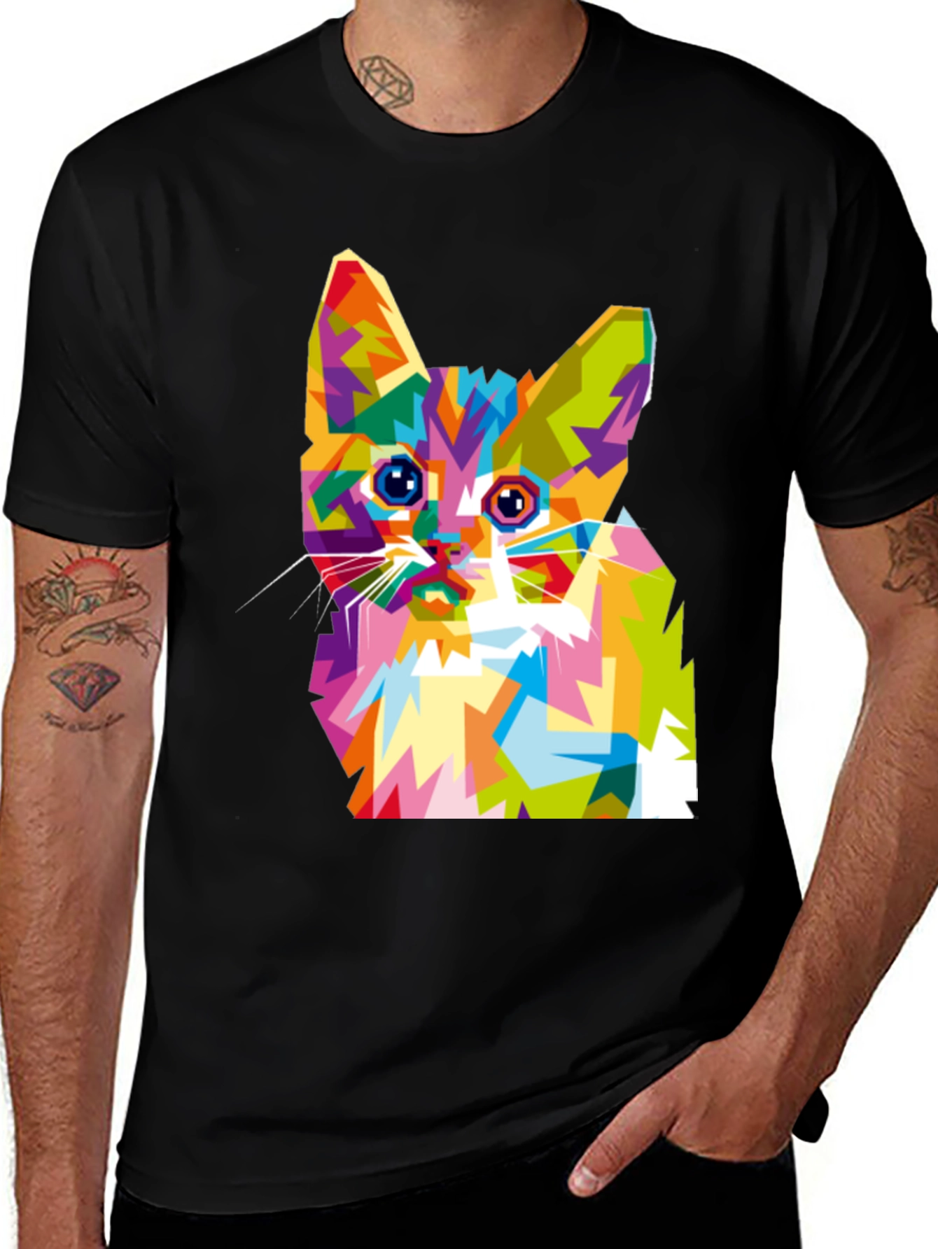 Variant 22 of Colorful Cat Graphic T-Shirt - Men's Black Tee