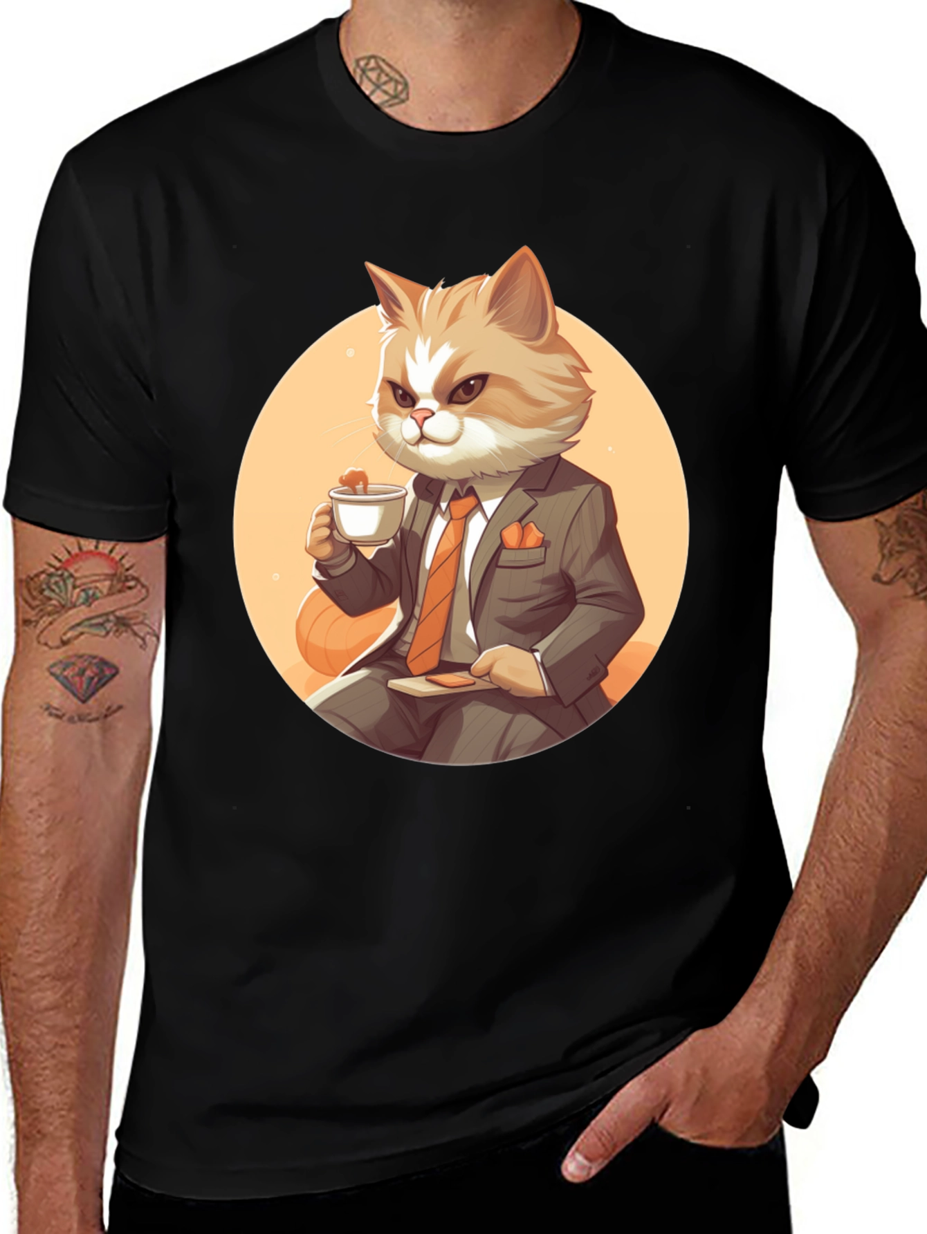 Variant 13 of Cat Boss T-Shirt: Cartoon Cat in Suit Sipping Tea