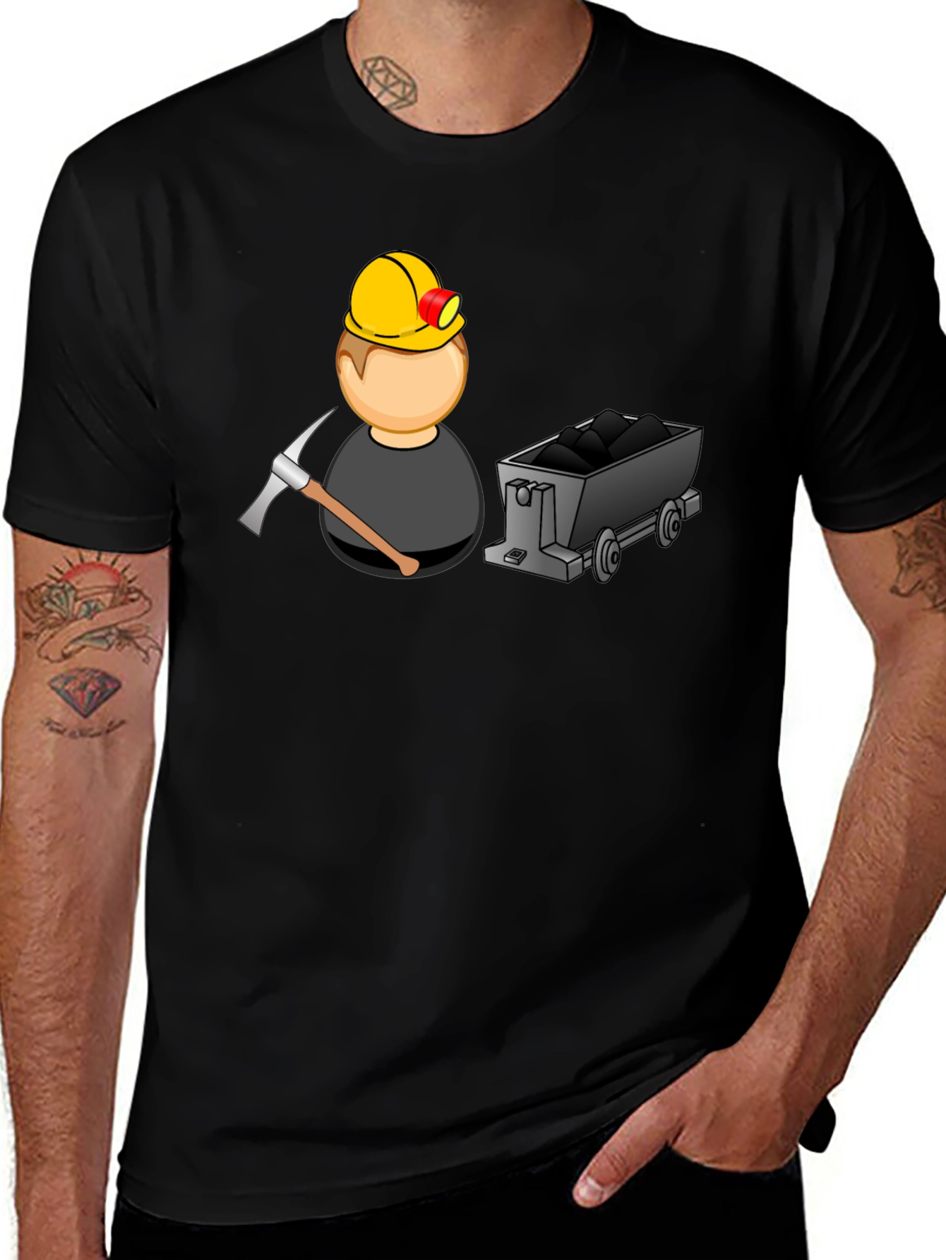 Variant 9 of Cartoon Miner Graphic Tee - Black Cotton T-Shirt