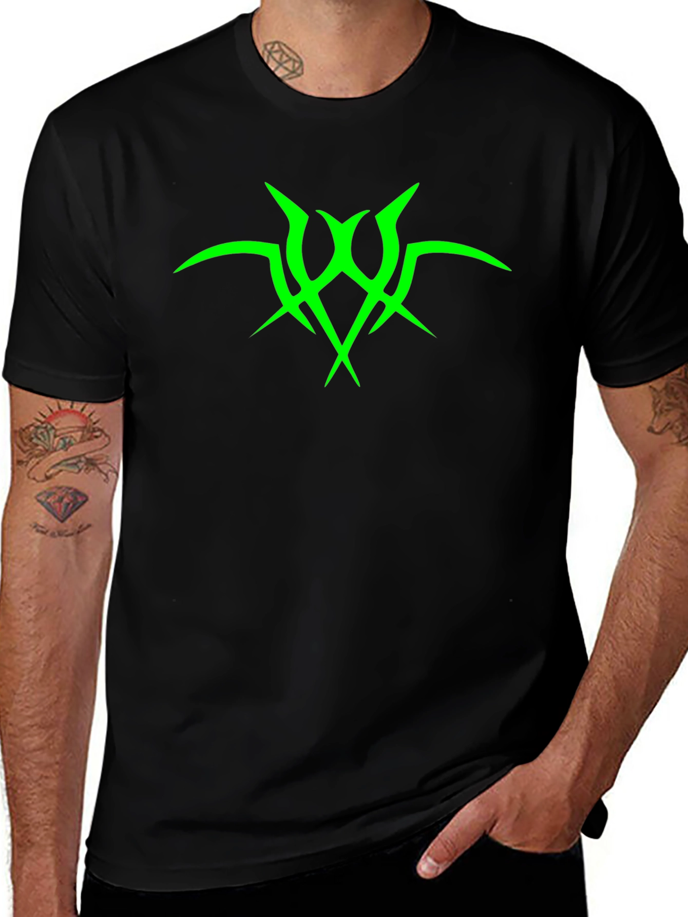 Variant 3 of Men's Black T-Shirt with Green Tribal Design
